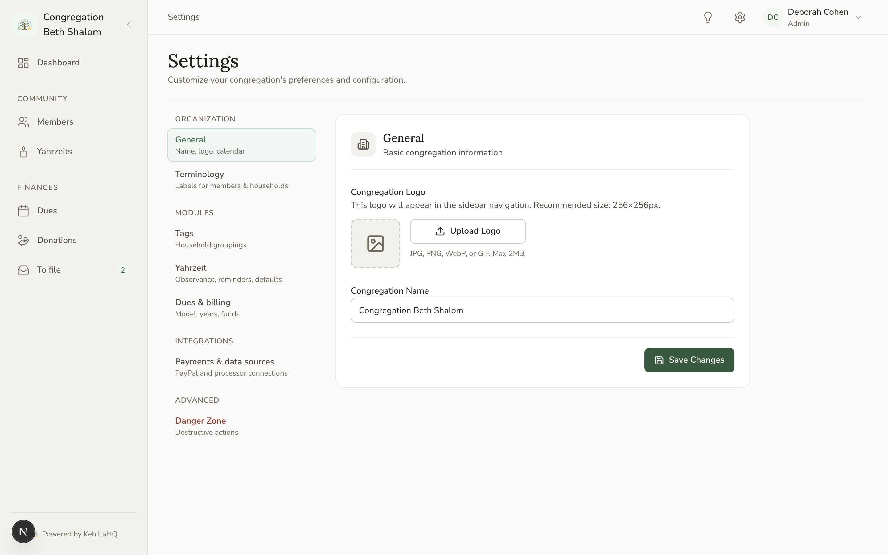 The General settings page with the settings categories listed on the left