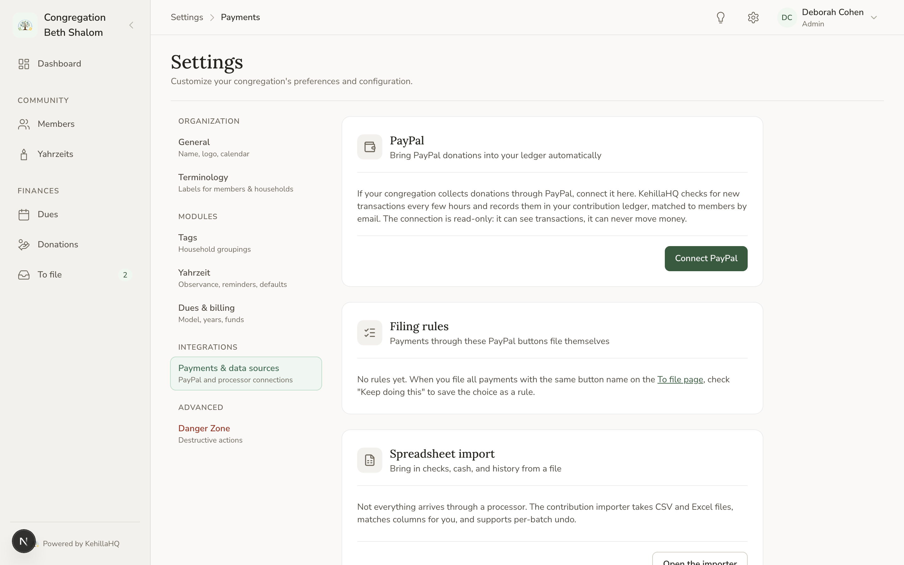 The Payments and data sources settings page
