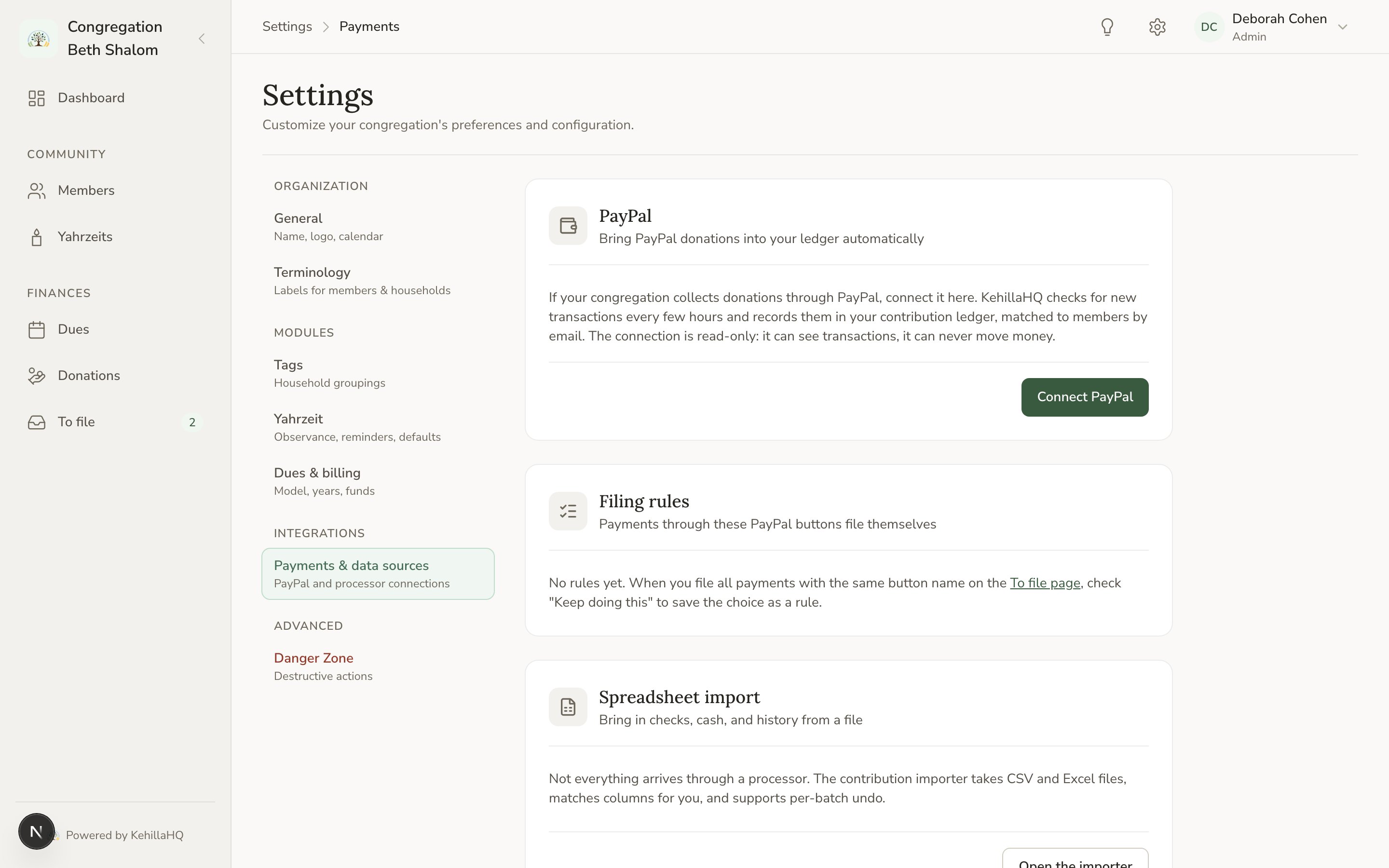 The Payments and data sources settings page