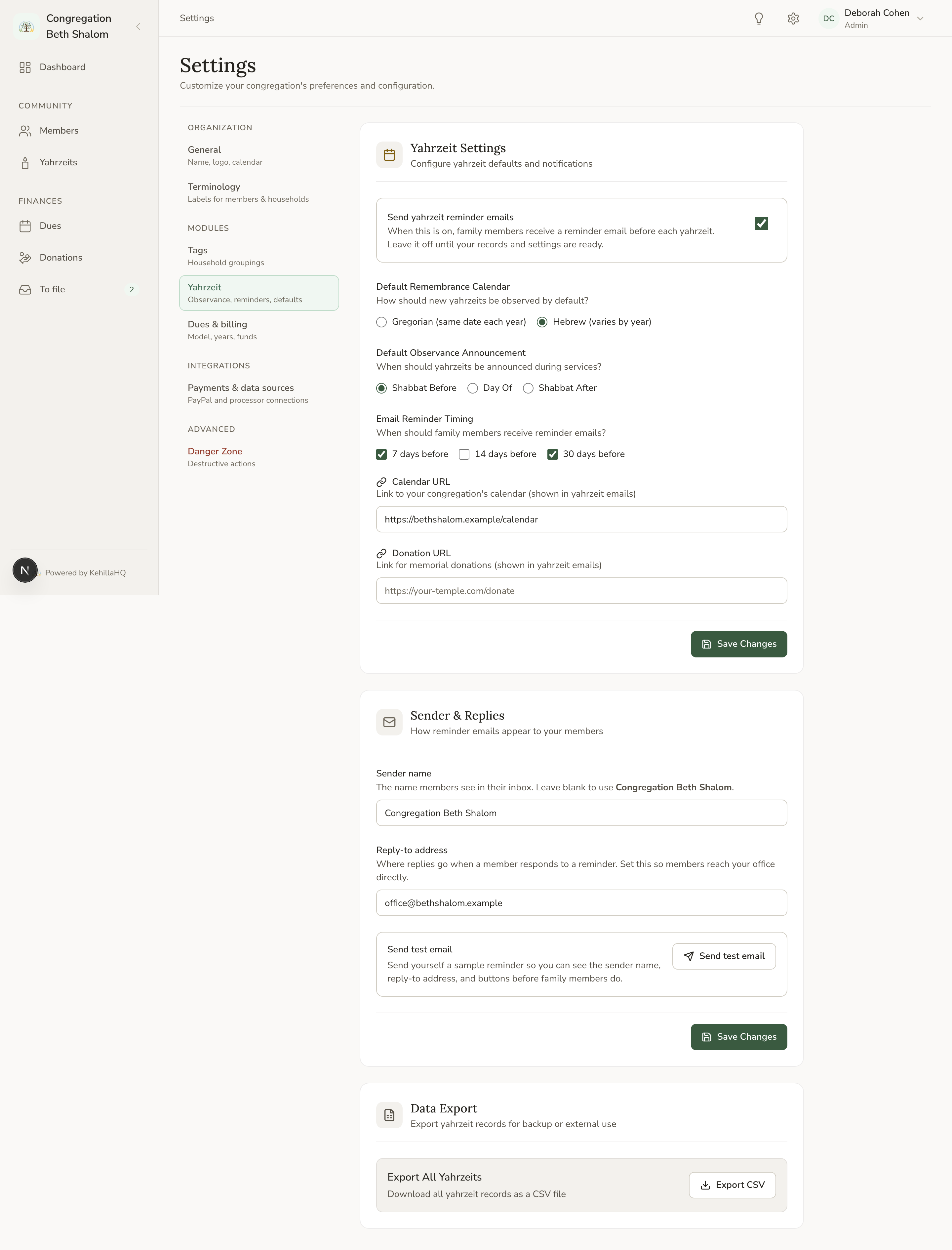 The Yahrzeit settings page showing calendar defaults, observance timing, and reminder options