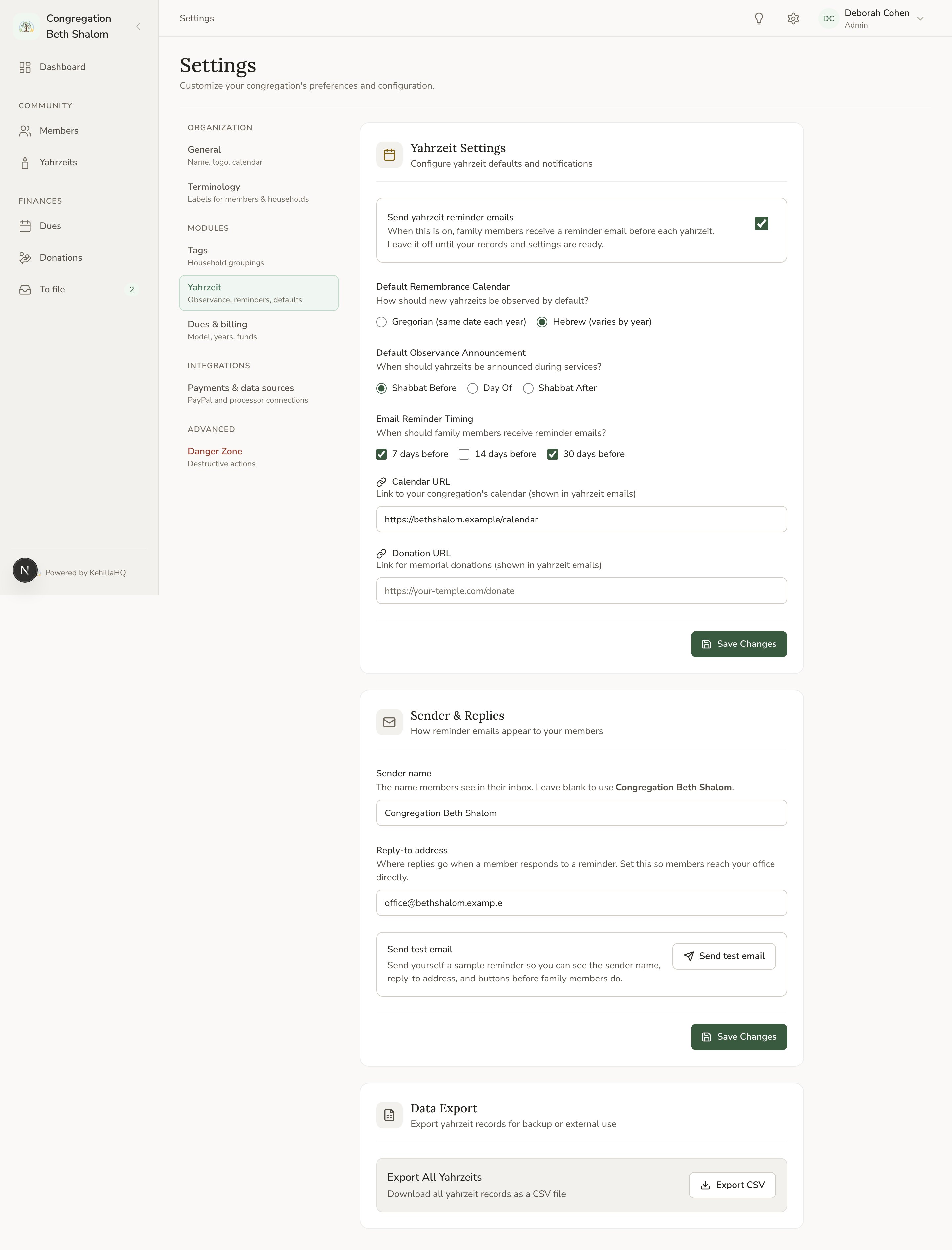 The Yahrzeit settings page showing calendar defaults, observance timing, and reminder options