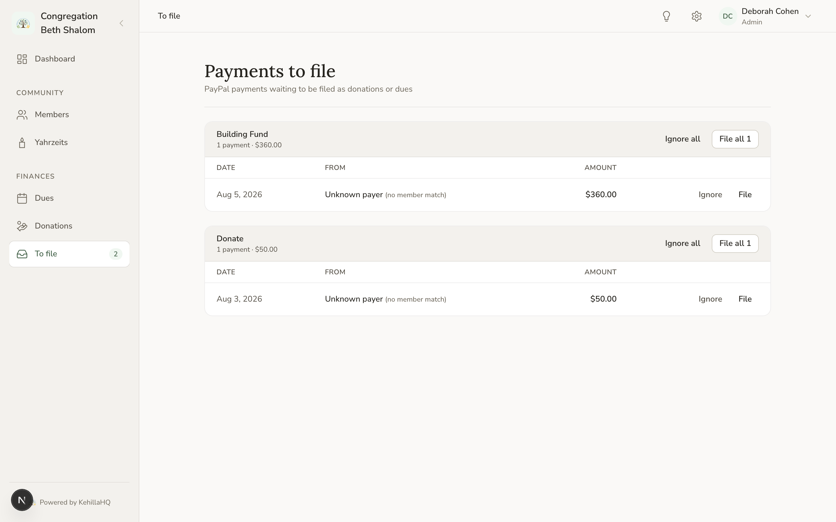The To file inbox showing payments waiting to be assigned to a fund or a dues commitment