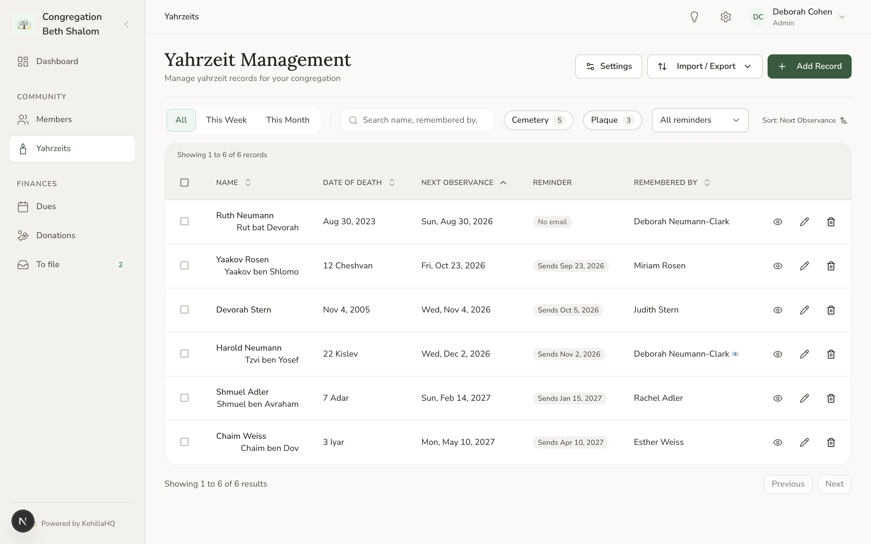 The Yahrzeits page listing observances with their dates and reminder status