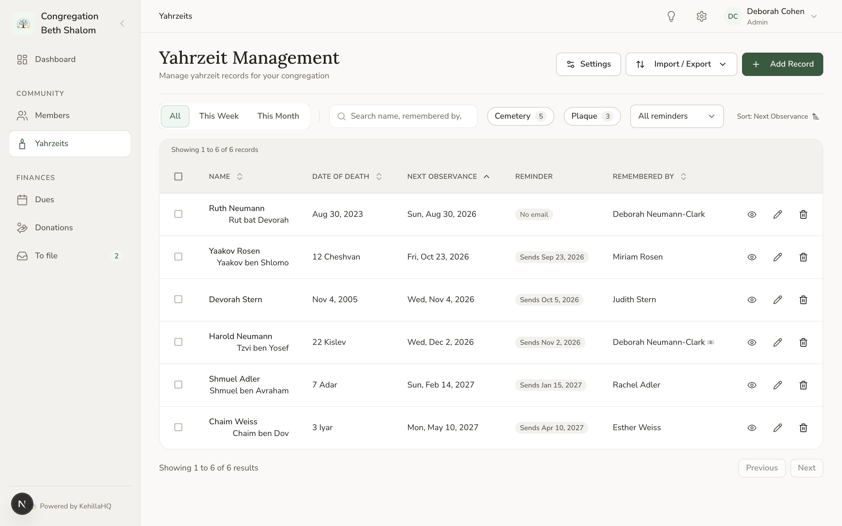 The Yahrzeits page listing observances with their dates and reminder status