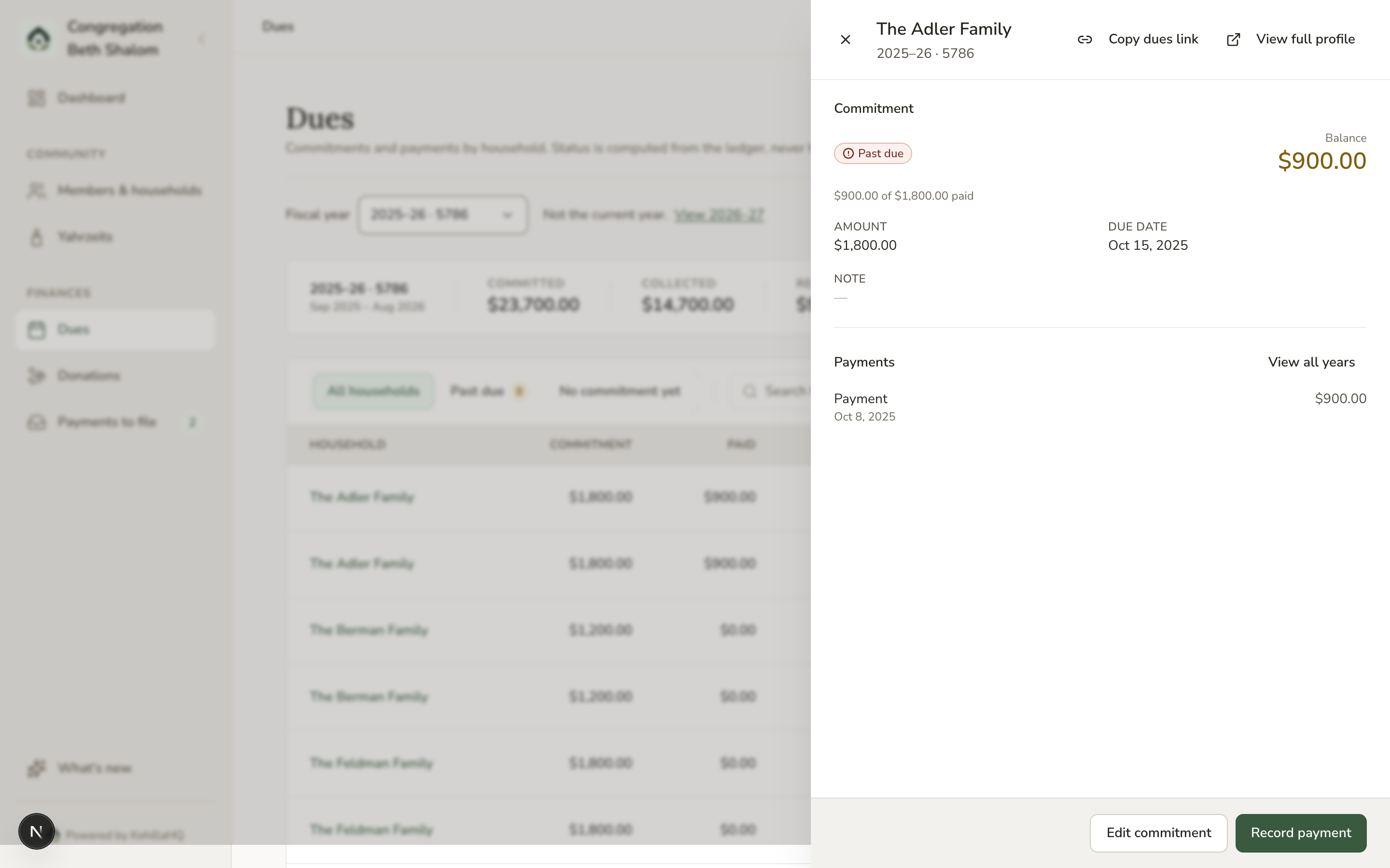 The dues page with the Adler household flyout open, showing the Copy dues link button in the flyout header
