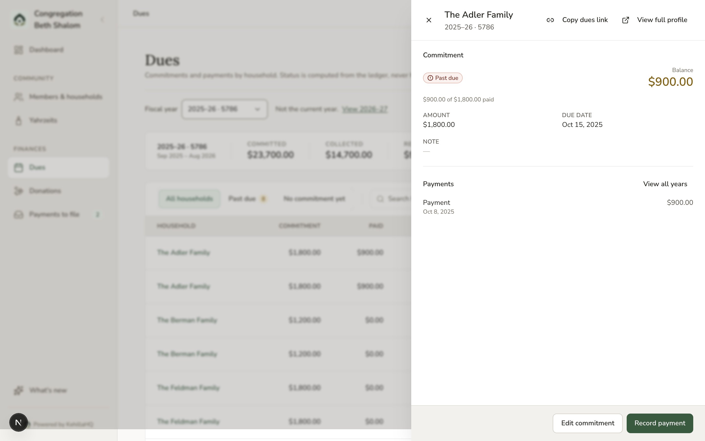 The dues page with the Adler household flyout open, showing the Copy dues link button in the flyout header