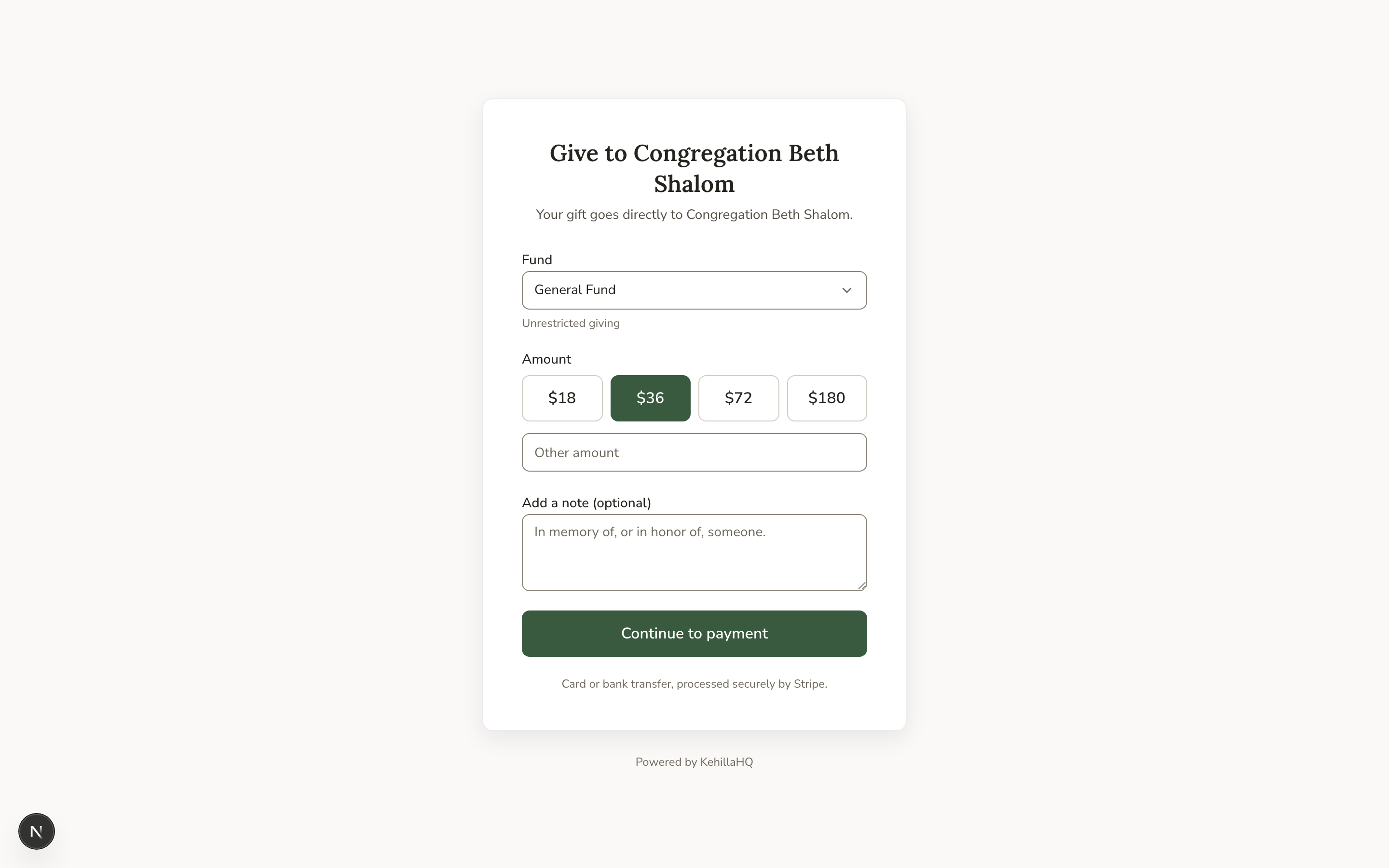 The public giving page for Congregation Beth Shalom with a fund picker, four suggested amounts, an other amount field, and an optional note