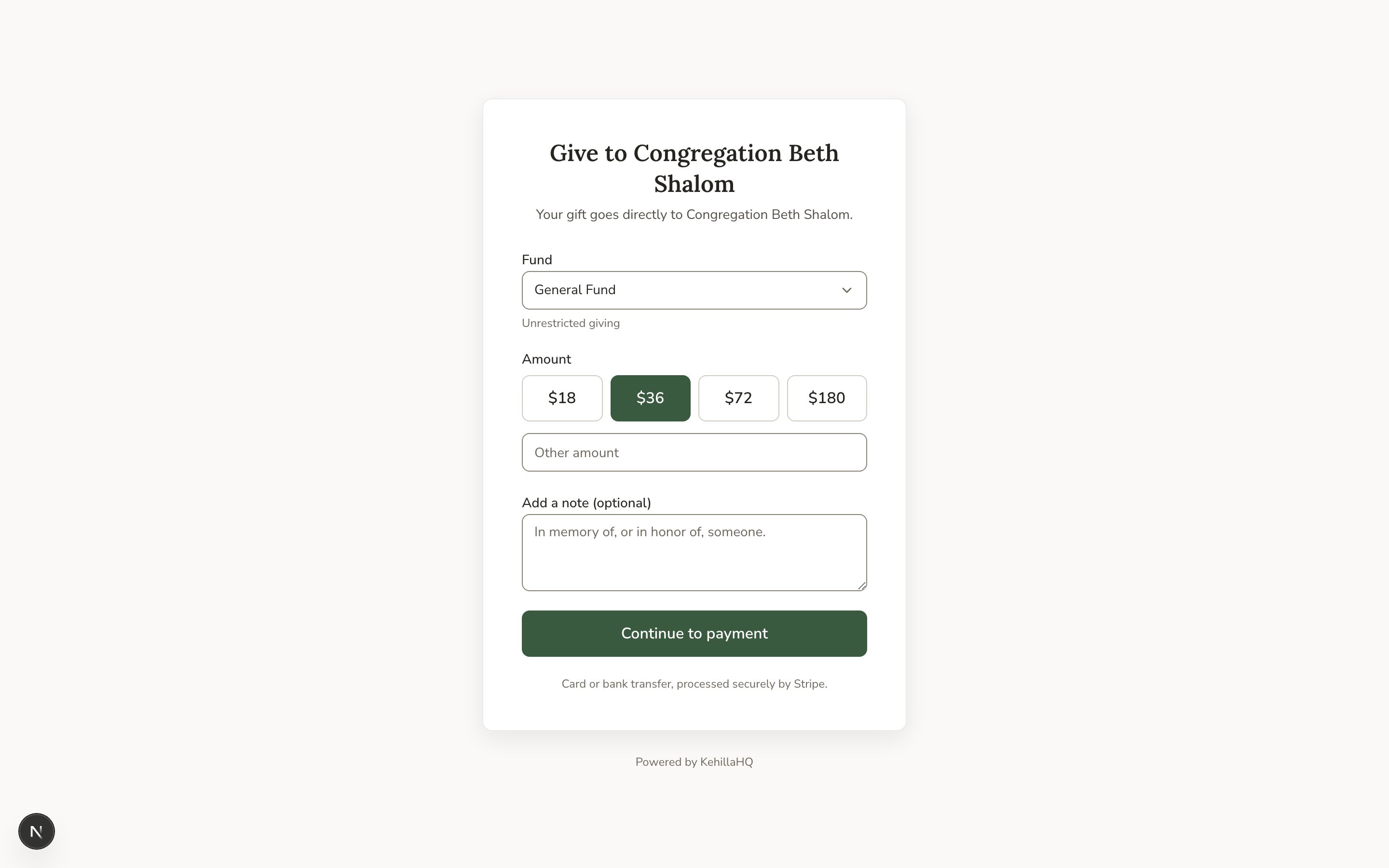 The public giving page for Congregation Beth Shalom with a fund picker, four suggested amounts, an other amount field, and an optional note
