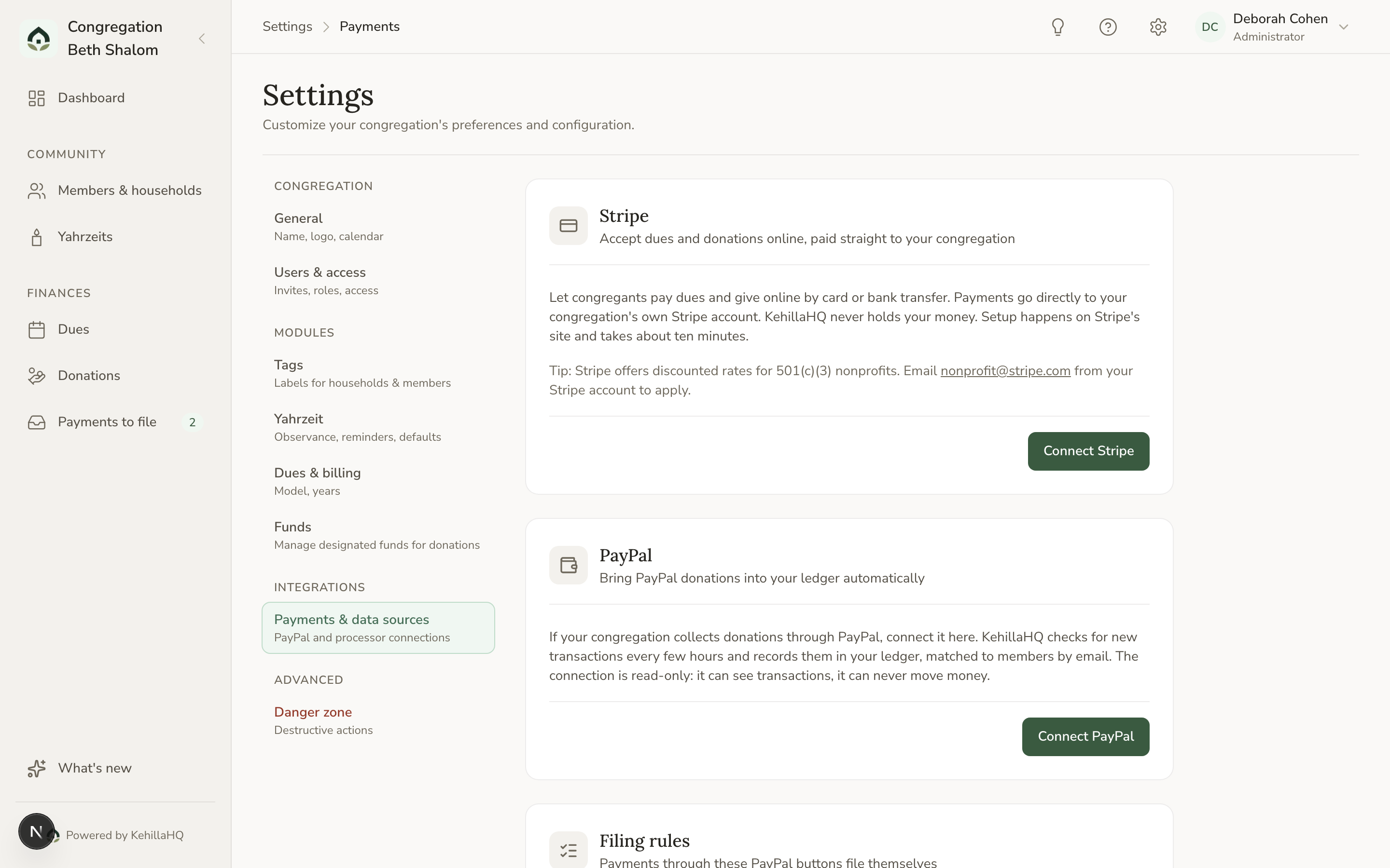 The Payments and data sources page with the Stripe card showing the Connect Stripe button and the nonprofit discount tip