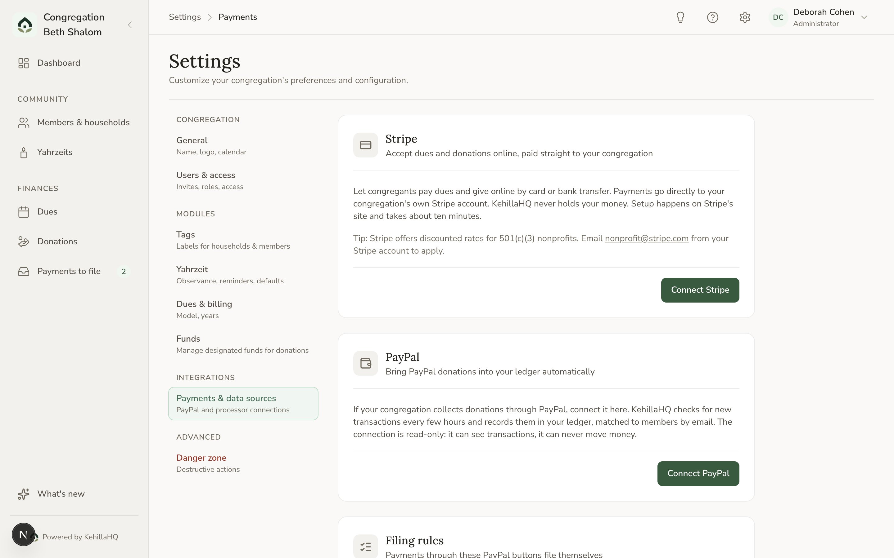 The Payments and data sources page with the Stripe card showing the Connect Stripe button and the nonprofit discount tip