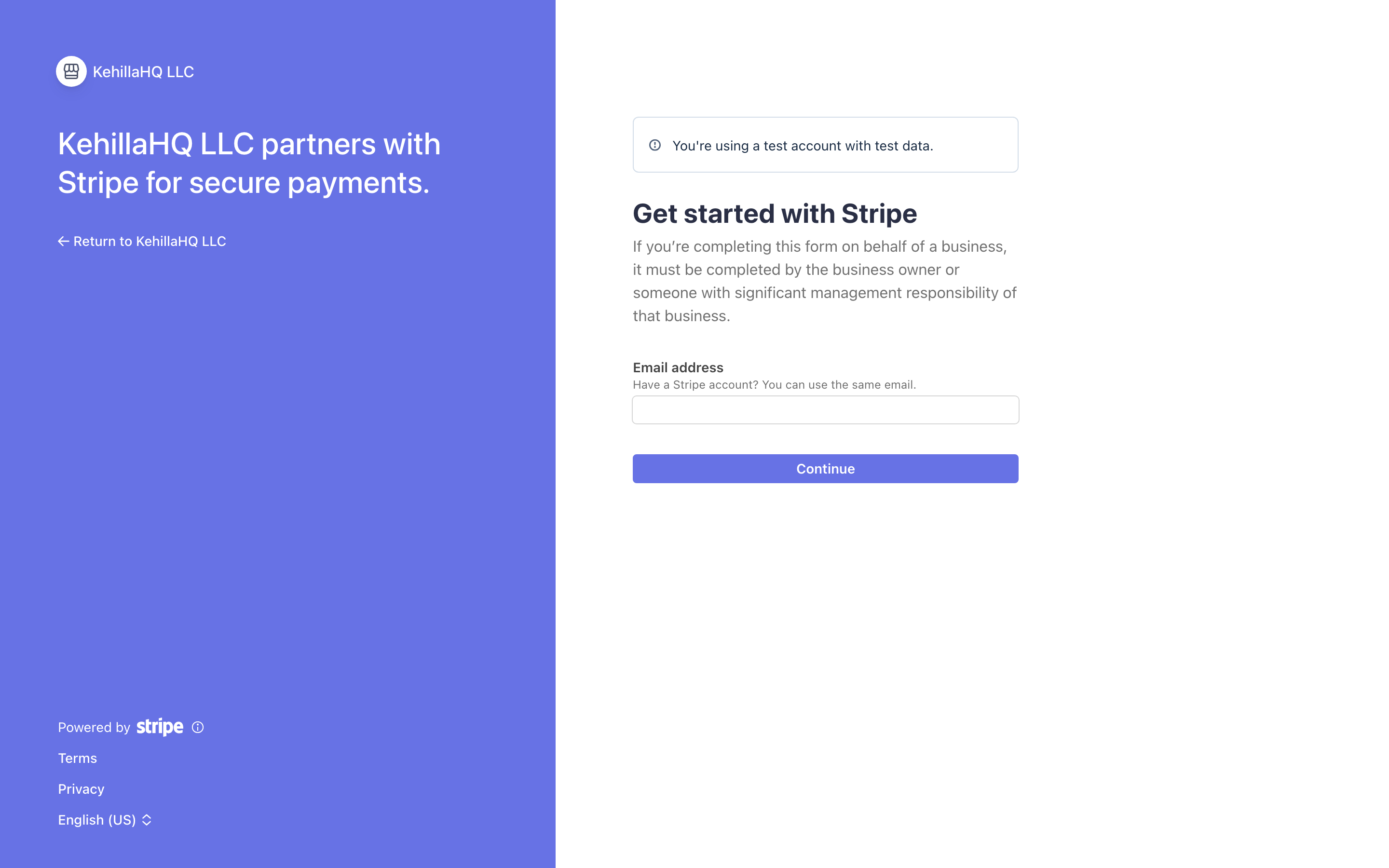 Stripe's hosted setup page, headed Get started with Stripe, with a note that KehillaHQ partners with Stripe for secure payments