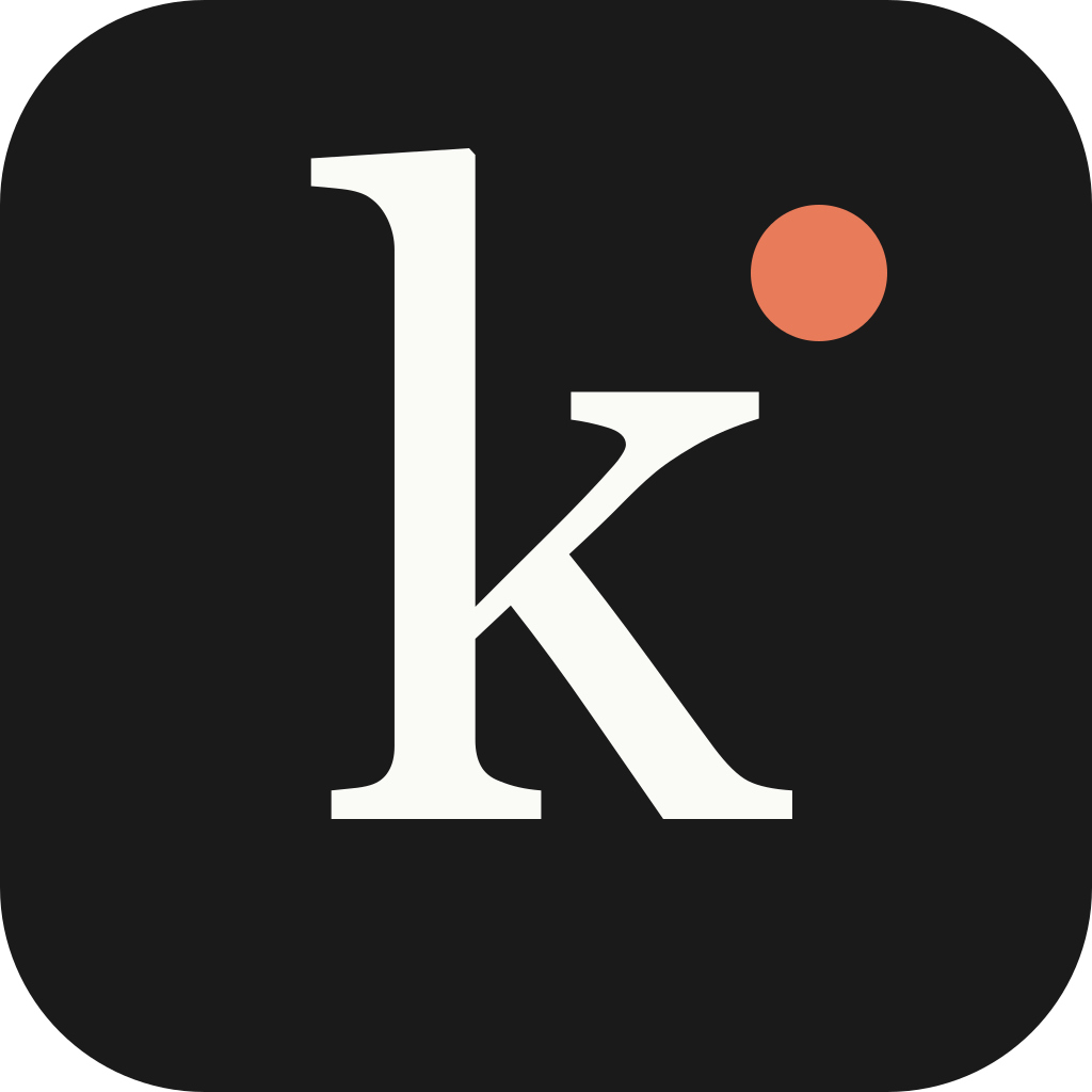 Keldyn mark: white lowercase k and a coral dot on a black rounded square