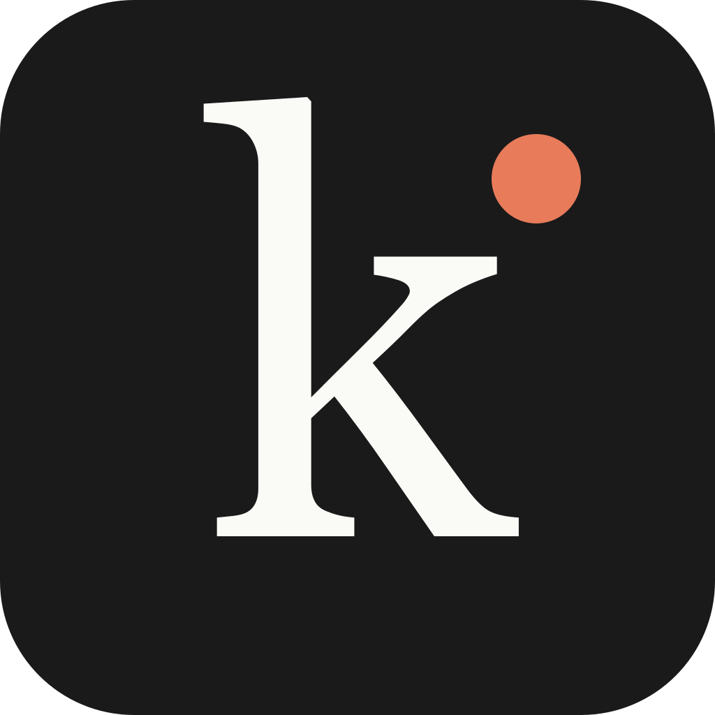Keldyn mark: white lowercase k and a coral dot on a black rounded square