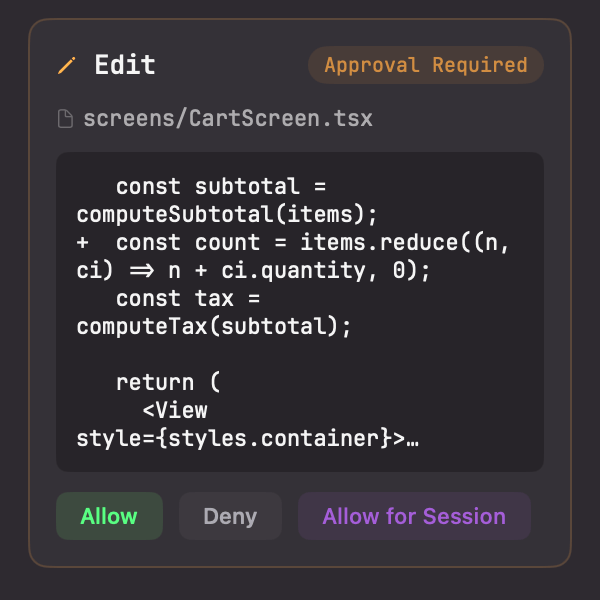 An approval card showing Allow, Deny, and Allow for Session with a command preview and agent context
