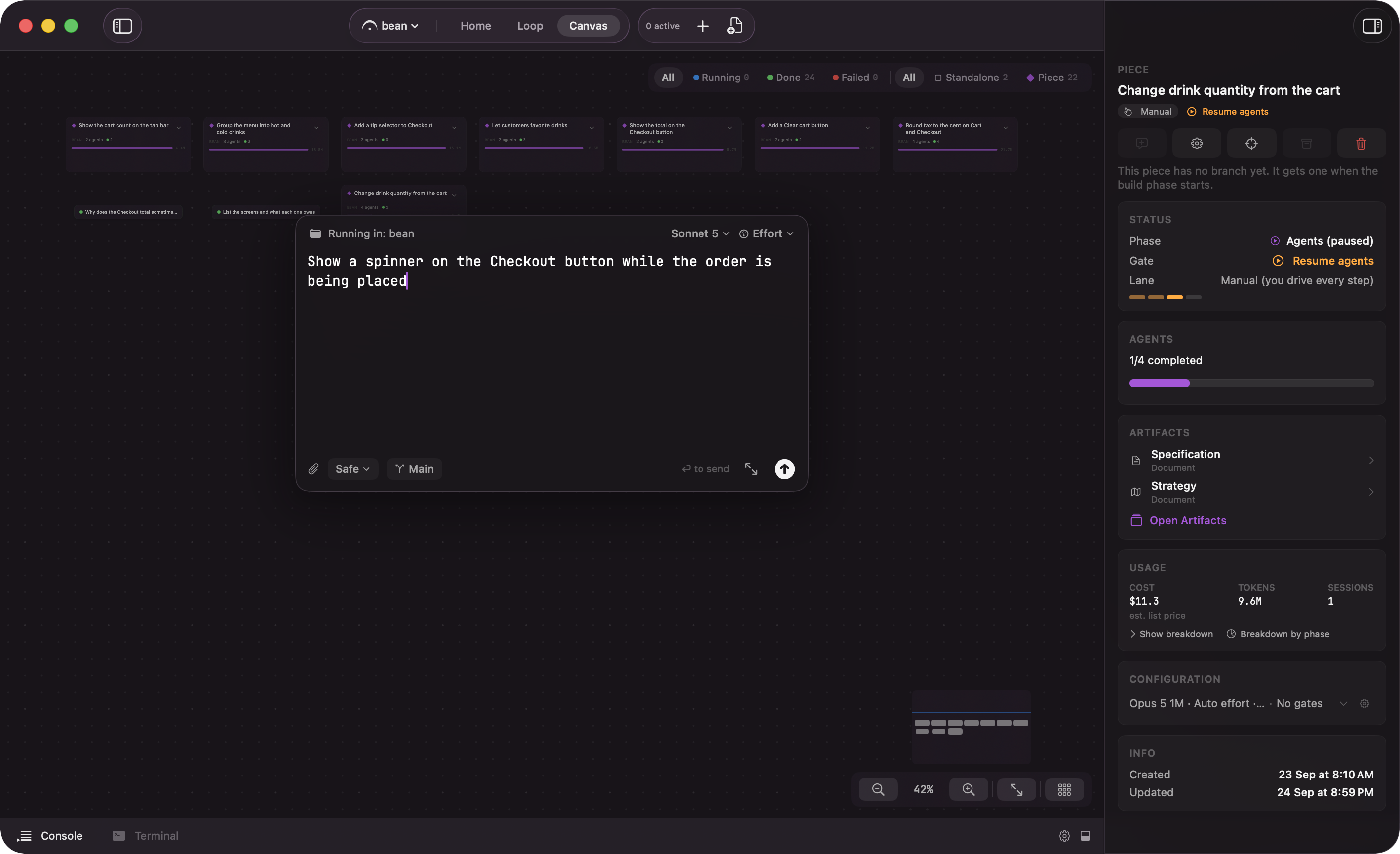 The spawn overlay showing prompt input, permission profile, worktree toggle, and model picker