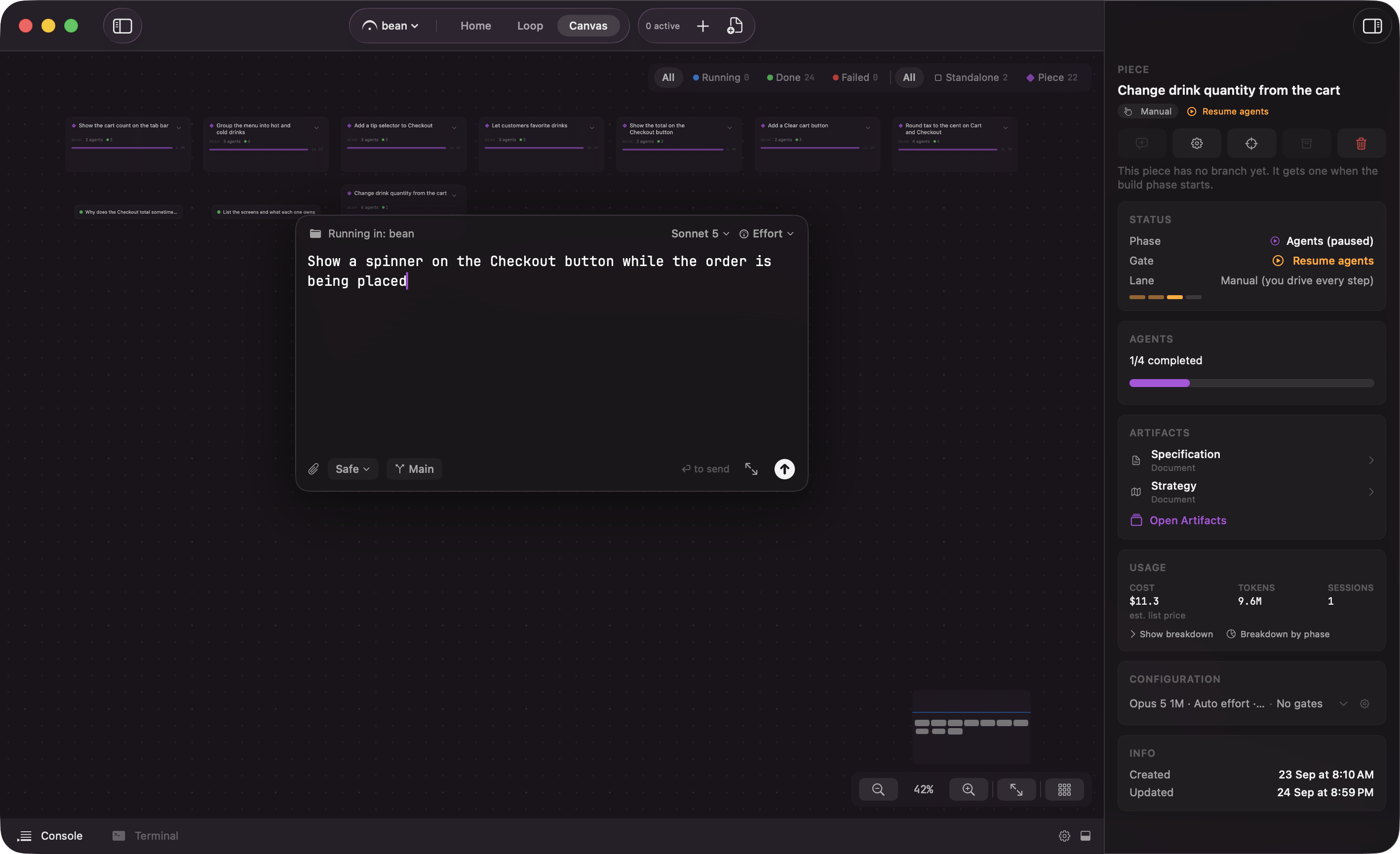 The spawn overlay showing prompt input, permission profile, worktree toggle, and model picker