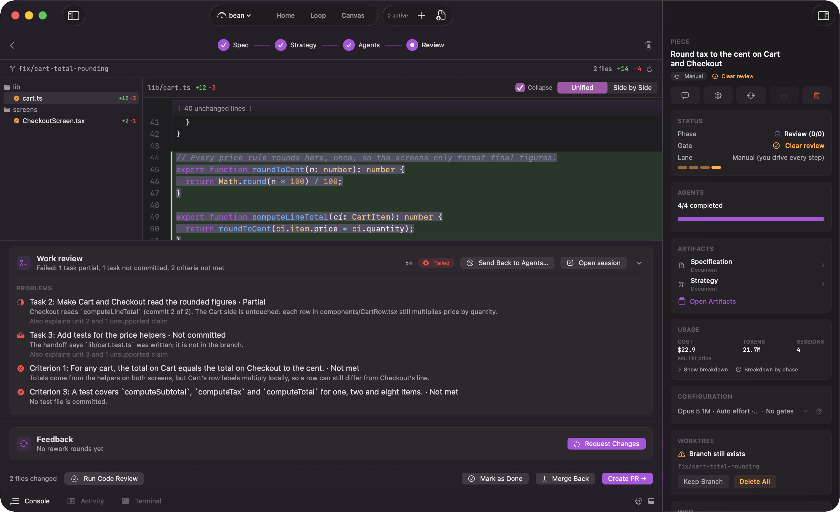 The Review phase showing the Work Review card beside the branch diff, with Create PR in the action bar