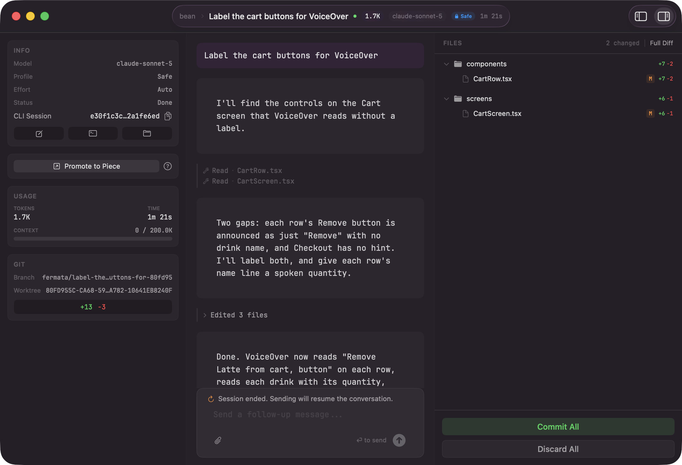 A session open in the main window with its transcript in the center, the inspector on the right showing Promote to Piece above the Files panel listing changed files