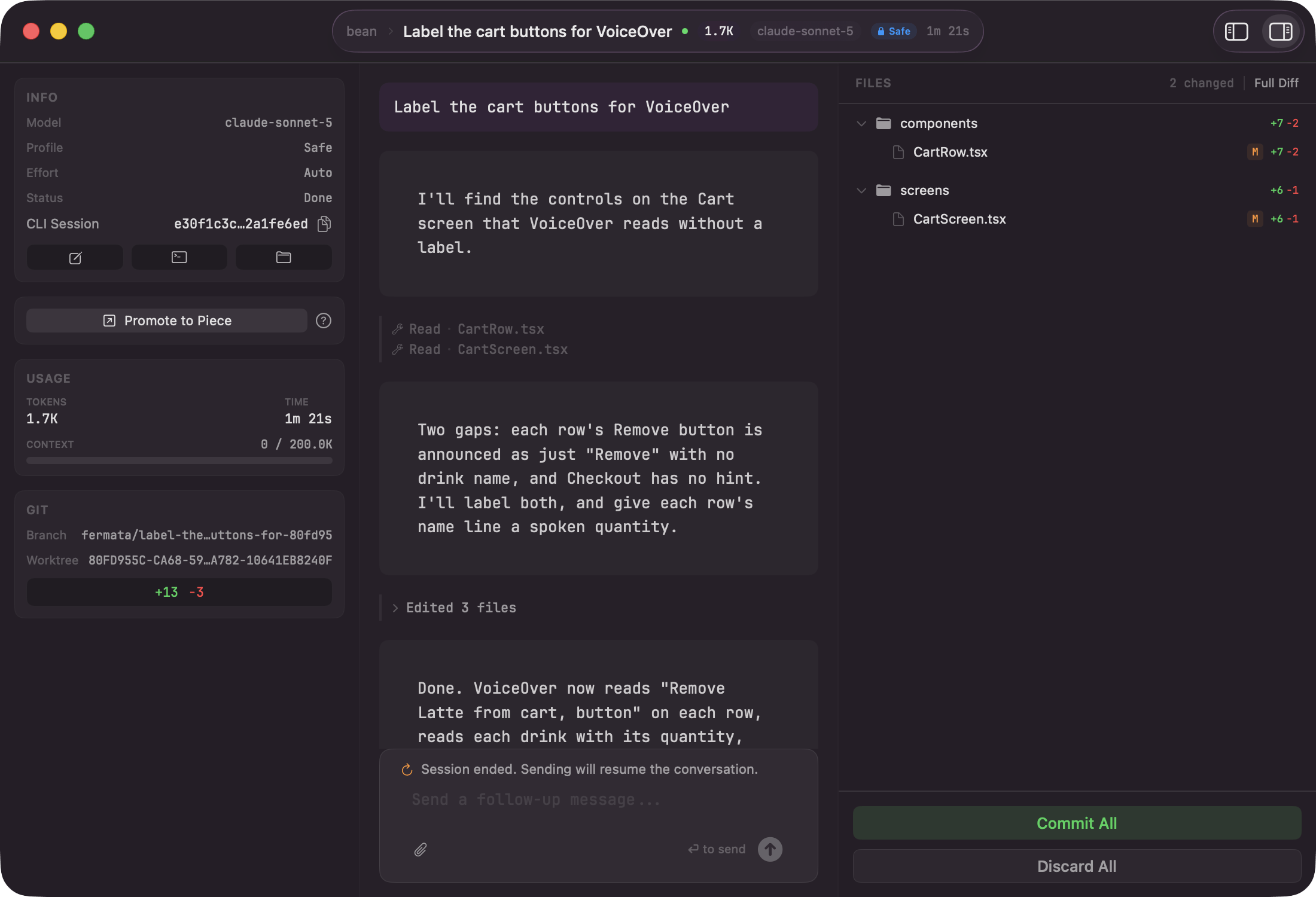 A session open in the main window with its transcript in the center, the inspector on the right showing Promote to Piece above the Files panel listing changed files