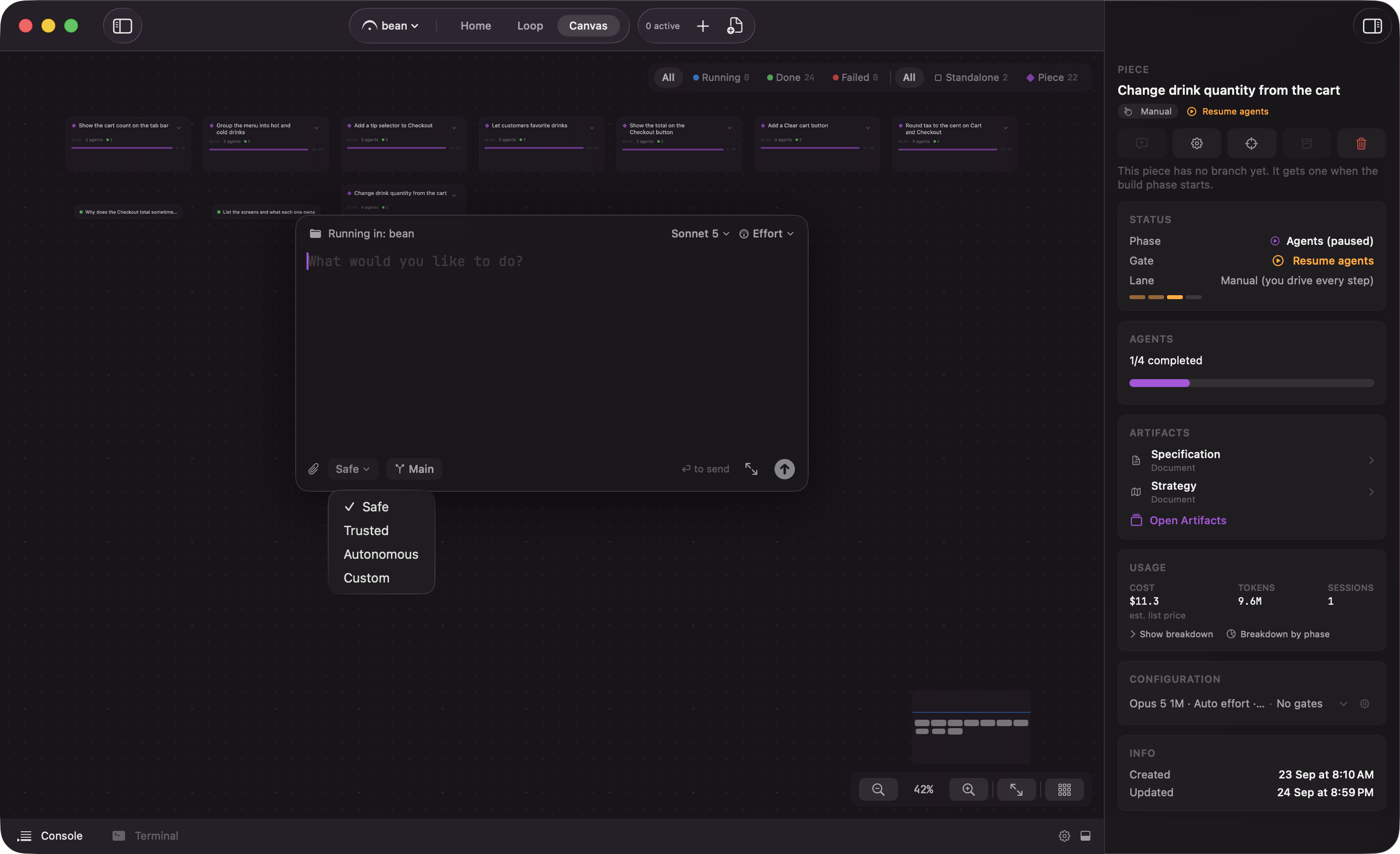 Permission profile picker showing Safe, Trusted, Autonomous, and Custom