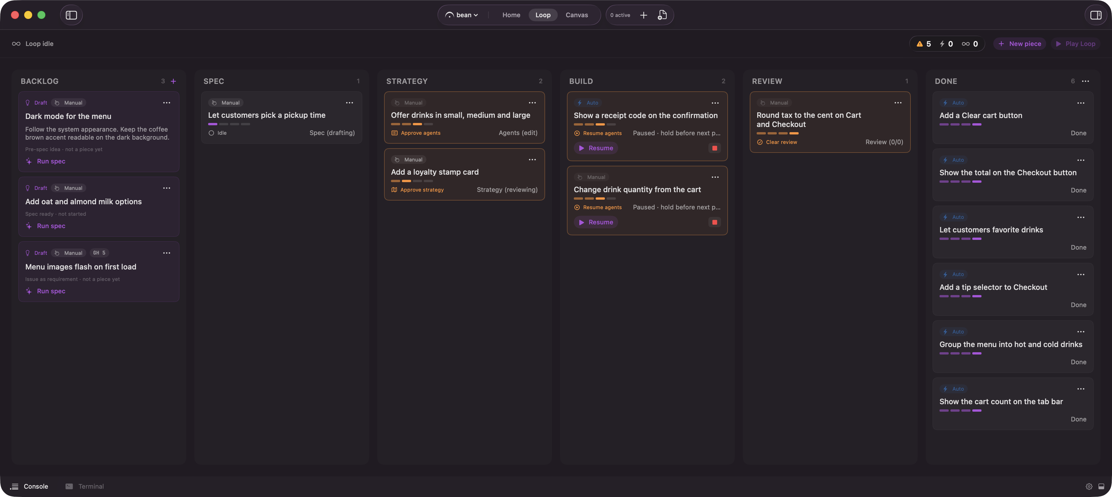 The Loop board with a card in every column and the hub bar showing the Loop playing