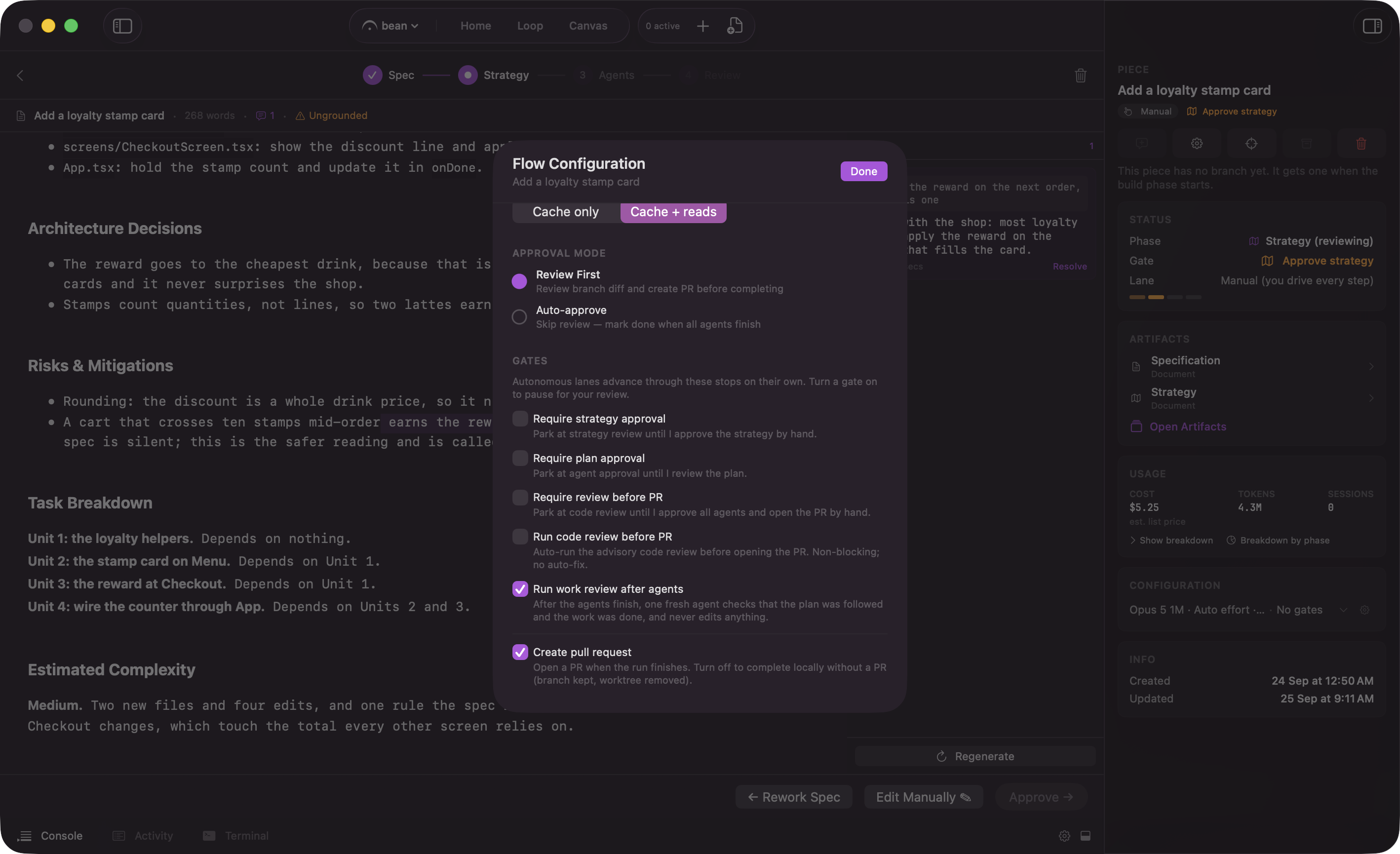 The Flow Configuration sheet for a piece, opened at the Gates section: three gate toggles off, the work review pass on, and Create pull request on