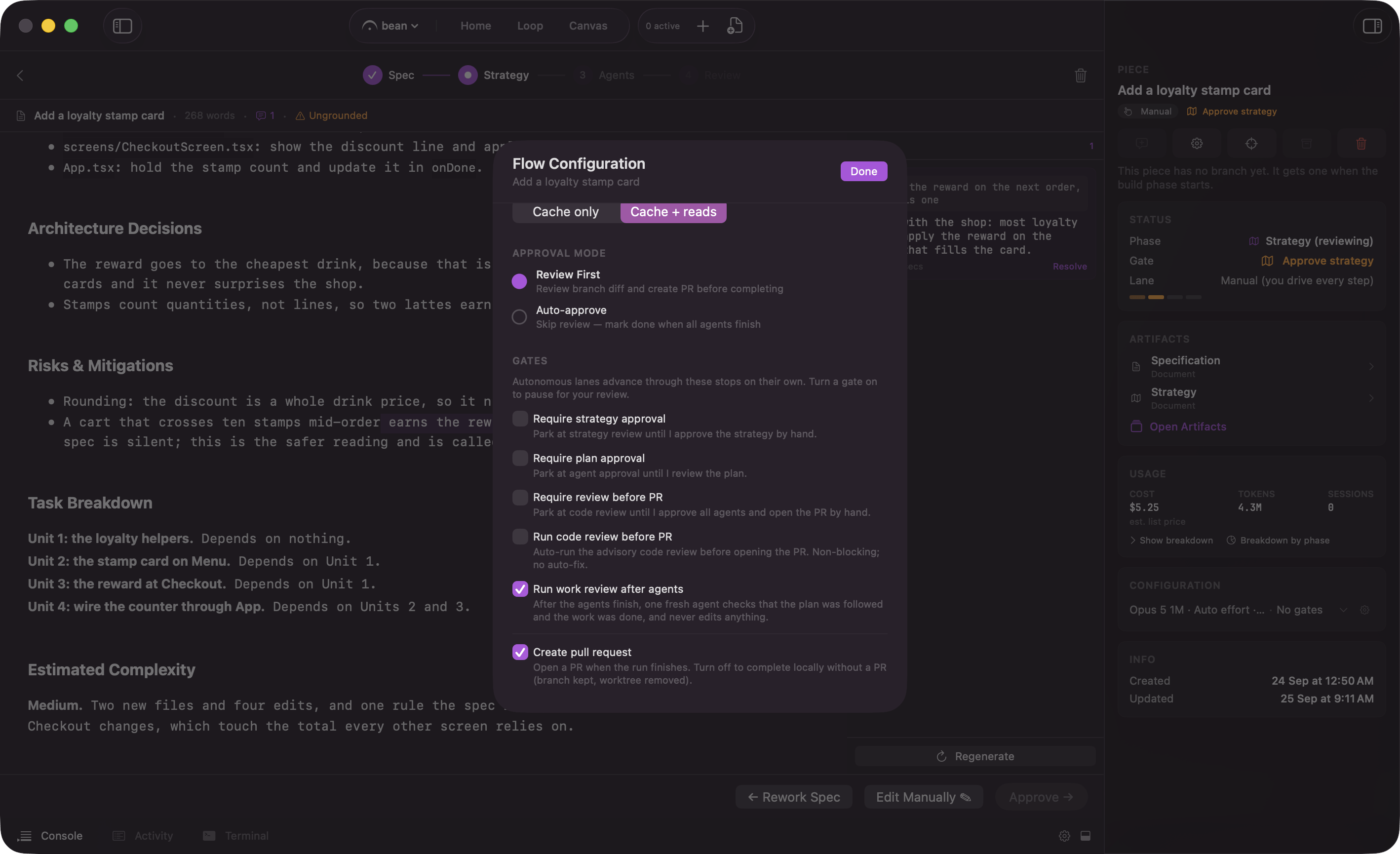 The Flow Configuration sheet for a piece, opened at the Gates section: three gate toggles off, the work review pass on, and Create pull request on