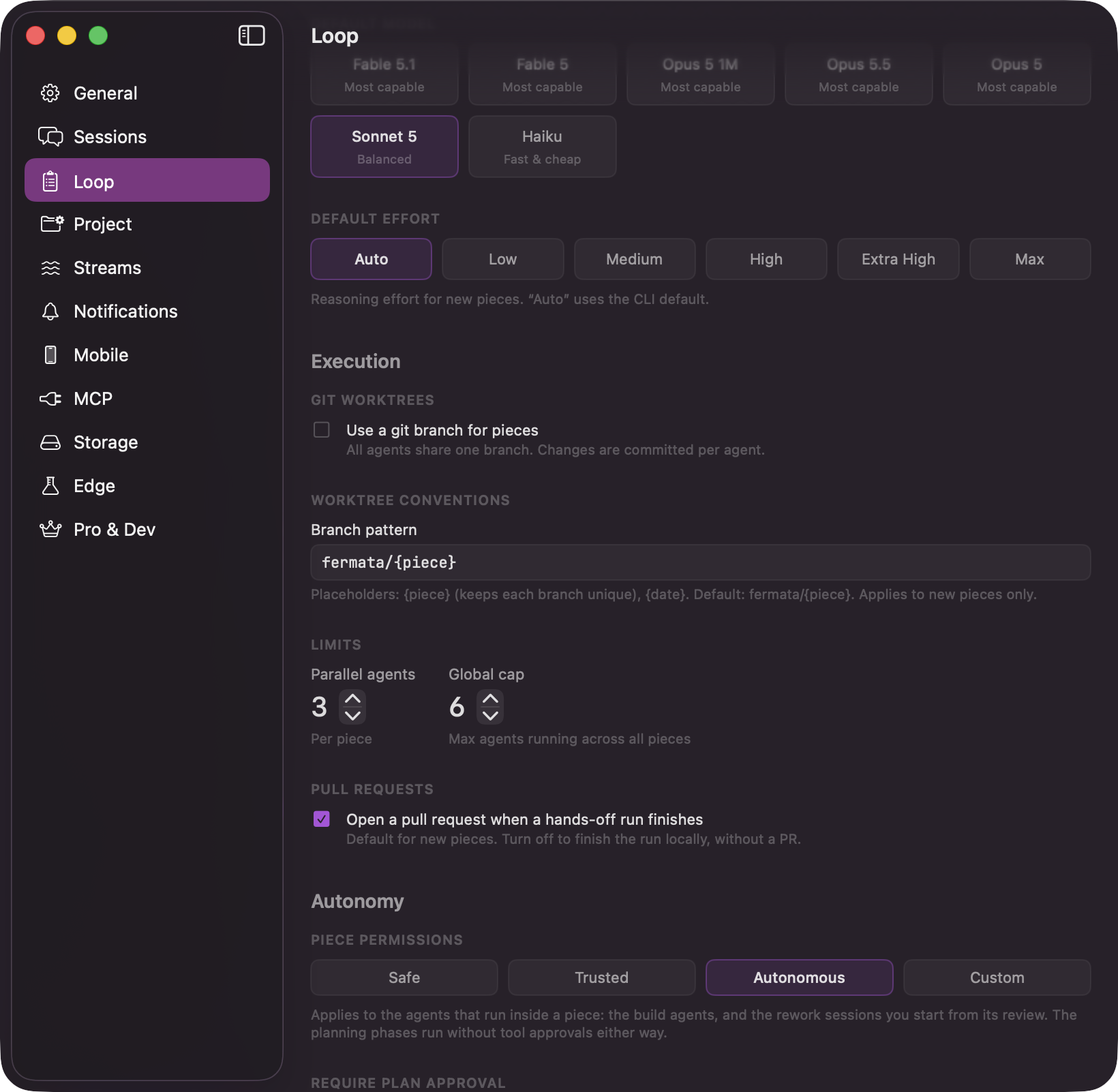Fermata Settings open on the Loop pane, showing Default Model, Default Effort, Limits, Piece Permissions, and the Require Plan Approval, Require Review Before PR, Run Code Review Before PR, and Run Work Review After Agents toggles