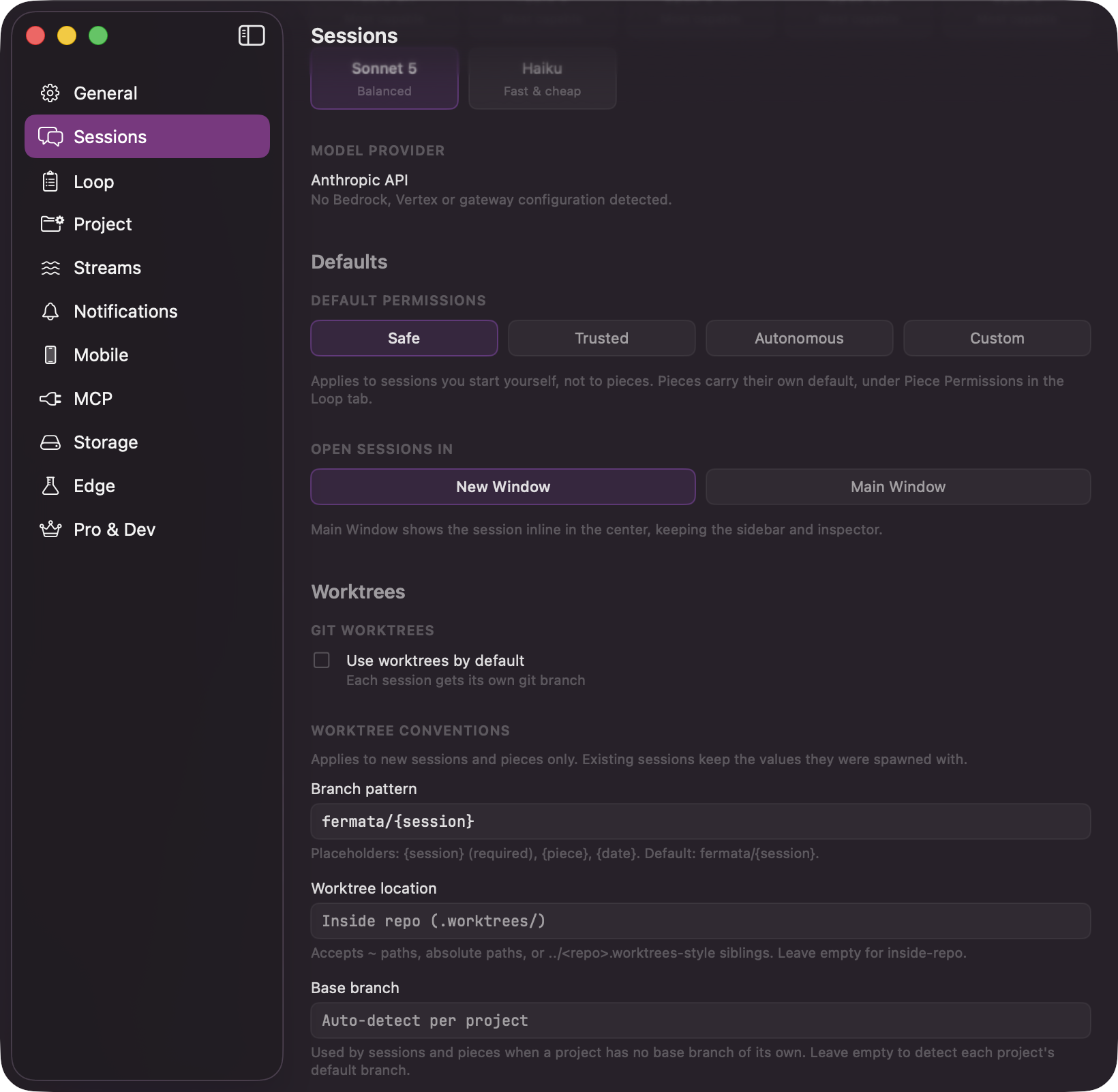Fermata Settings open on the Sessions pane, showing Default Model, Model Provider, Default Permissions, Open Sessions In, and the Git Worktrees toggle