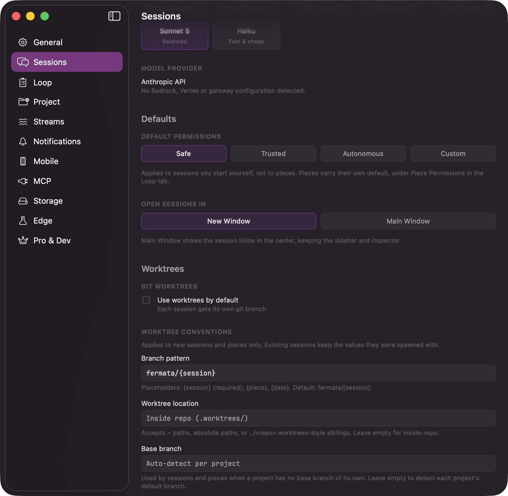 The Sessions pane of Settings showing the Default Permissions card and its caption naming the Loop tab as the home of the piece default