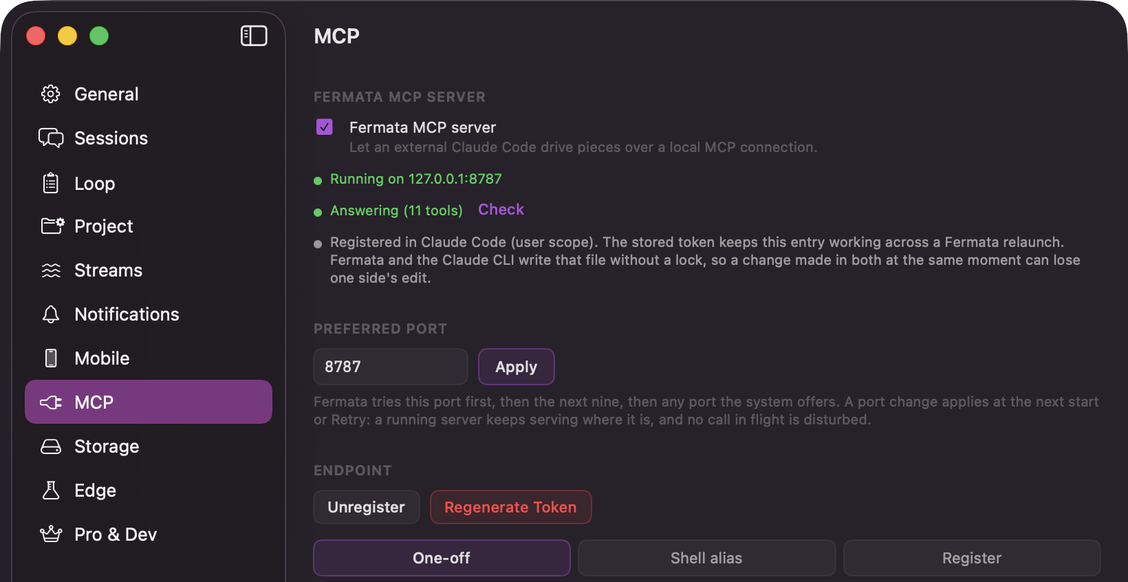 The MCP pane in Settings showing the Fermata MCP server toggle, a status row reading Running on 127.0.0.1 with a port, a health row reading Answering, the registration status, and the Unregister and Regenerate Token buttons