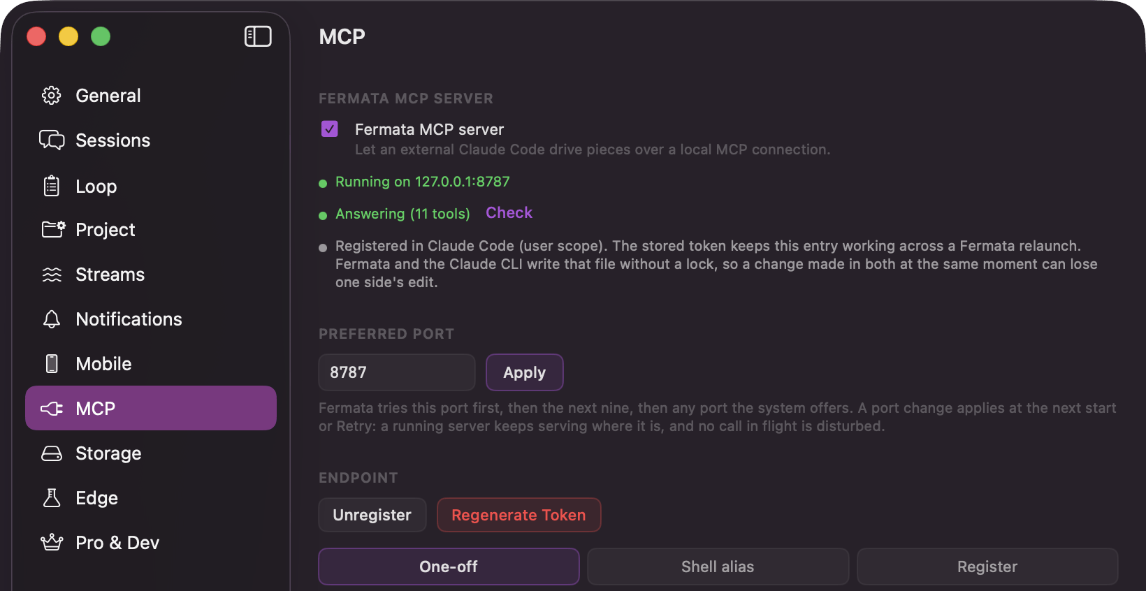 The MCP pane in Settings showing the Fermata MCP server toggle, a status row reading Running on 127.0.0.1 with a port, a health row reading Answering, the registration status, and the Unregister and Regenerate Token buttons