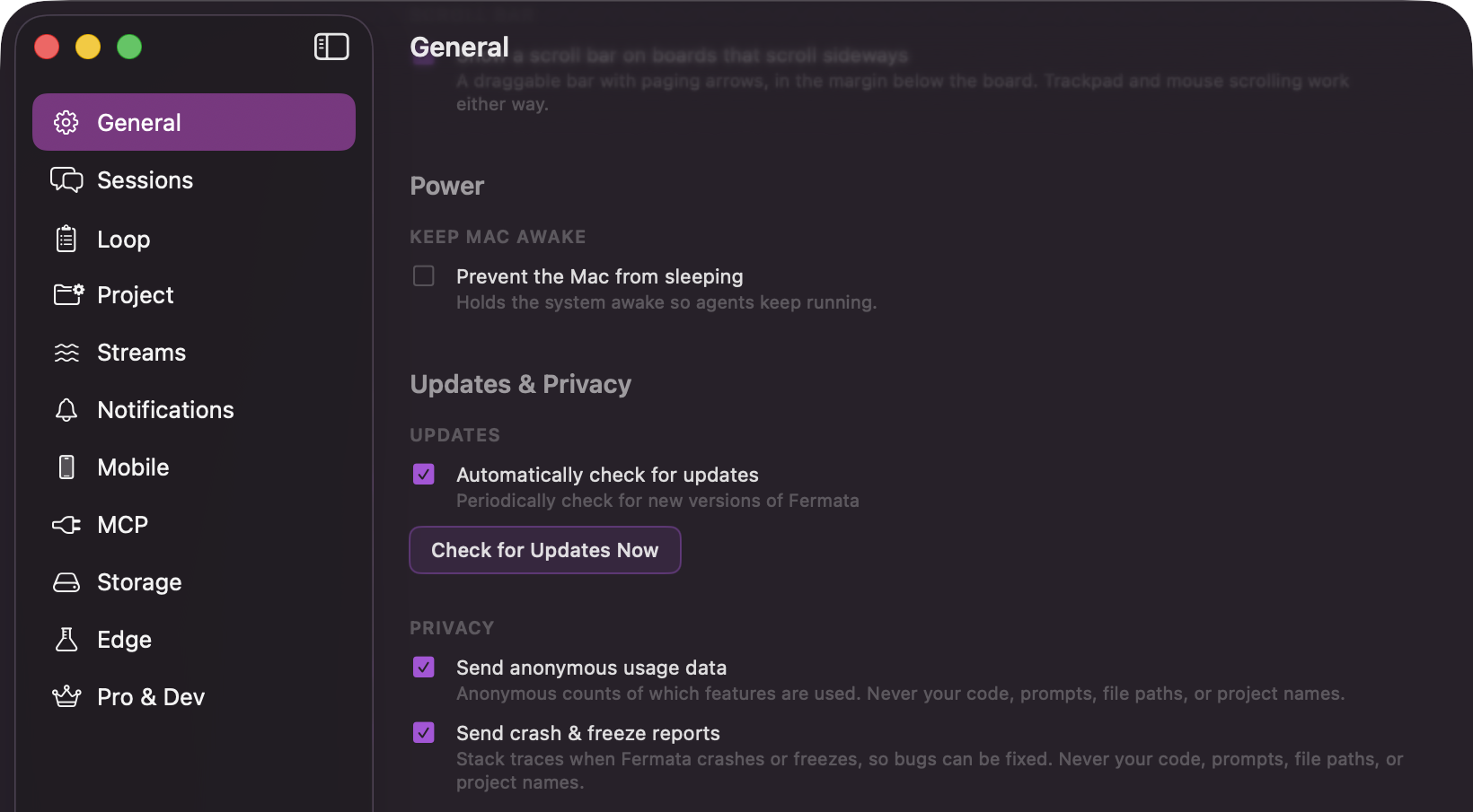 The Privacy section of Fermata's General settings pane, showing the Send anonymous usage data and Send crash & freeze reports toggles