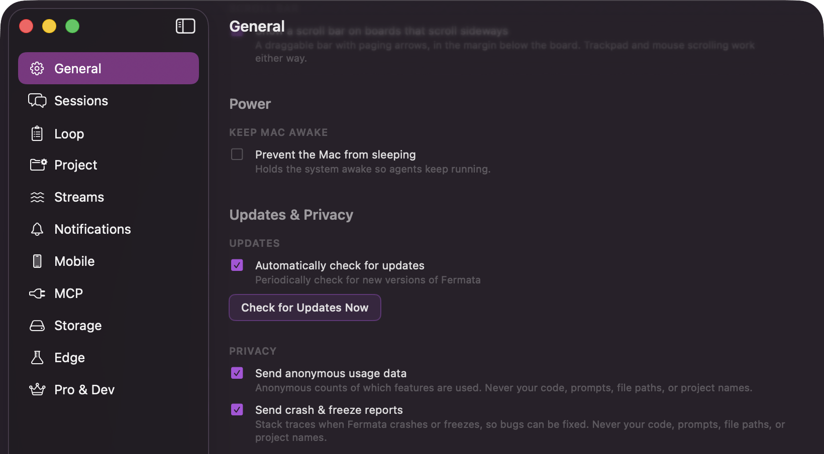 The Privacy section of Fermata's General settings pane, showing the Send anonymous usage data and Send crash & freeze reports toggles