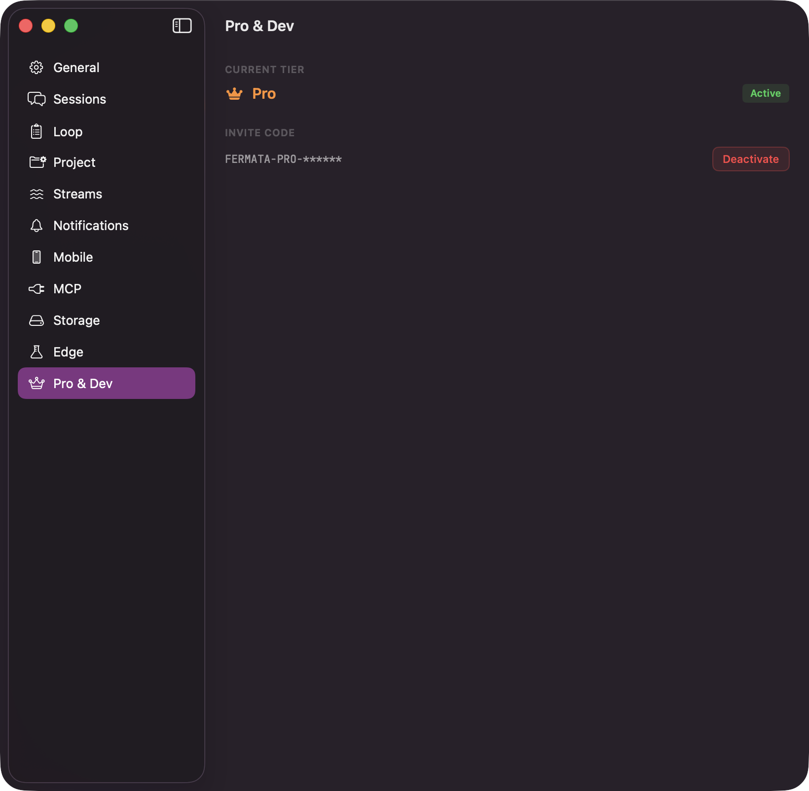 The Pro and Dev pane of Settings showing Current Tier reading Free and an Invite Code field with an Activate button