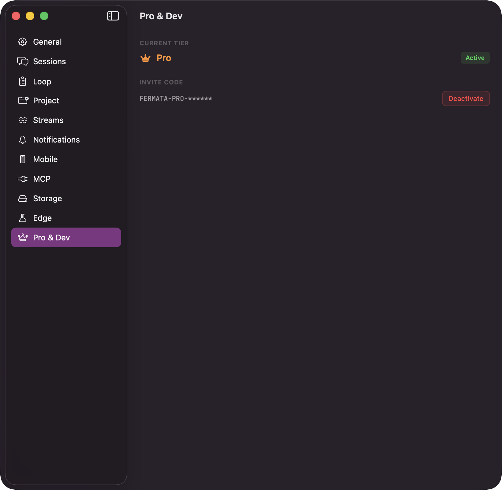 The Pro and Dev pane of Settings showing Current Tier reading Free and an Invite Code field with an Activate button