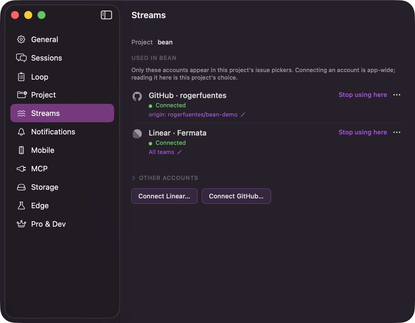 The Streams pane in Settings with a Linear row and a GitHub row, each showing a health line, Check now and Remove, and the Connect Linear and Connect GitHub buttons below