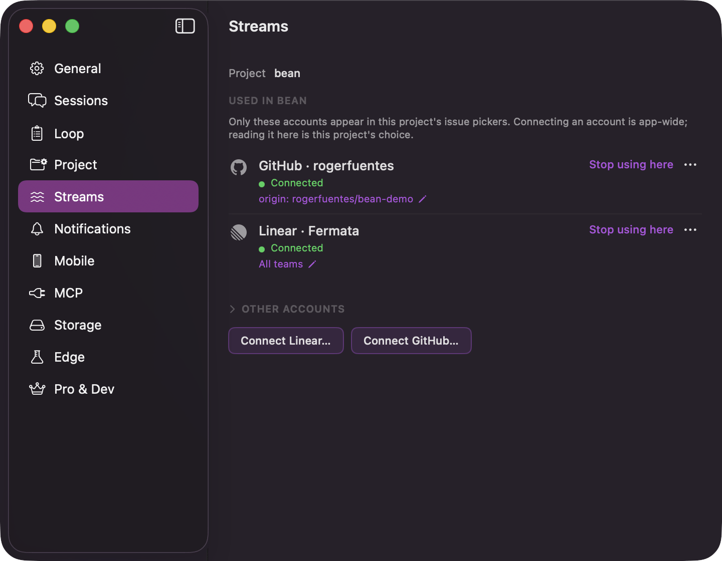 The Streams pane in Settings with a Linear row and a GitHub row, each showing a health line, Check now and Remove, and the Connect Linear and Connect GitHub buttons below