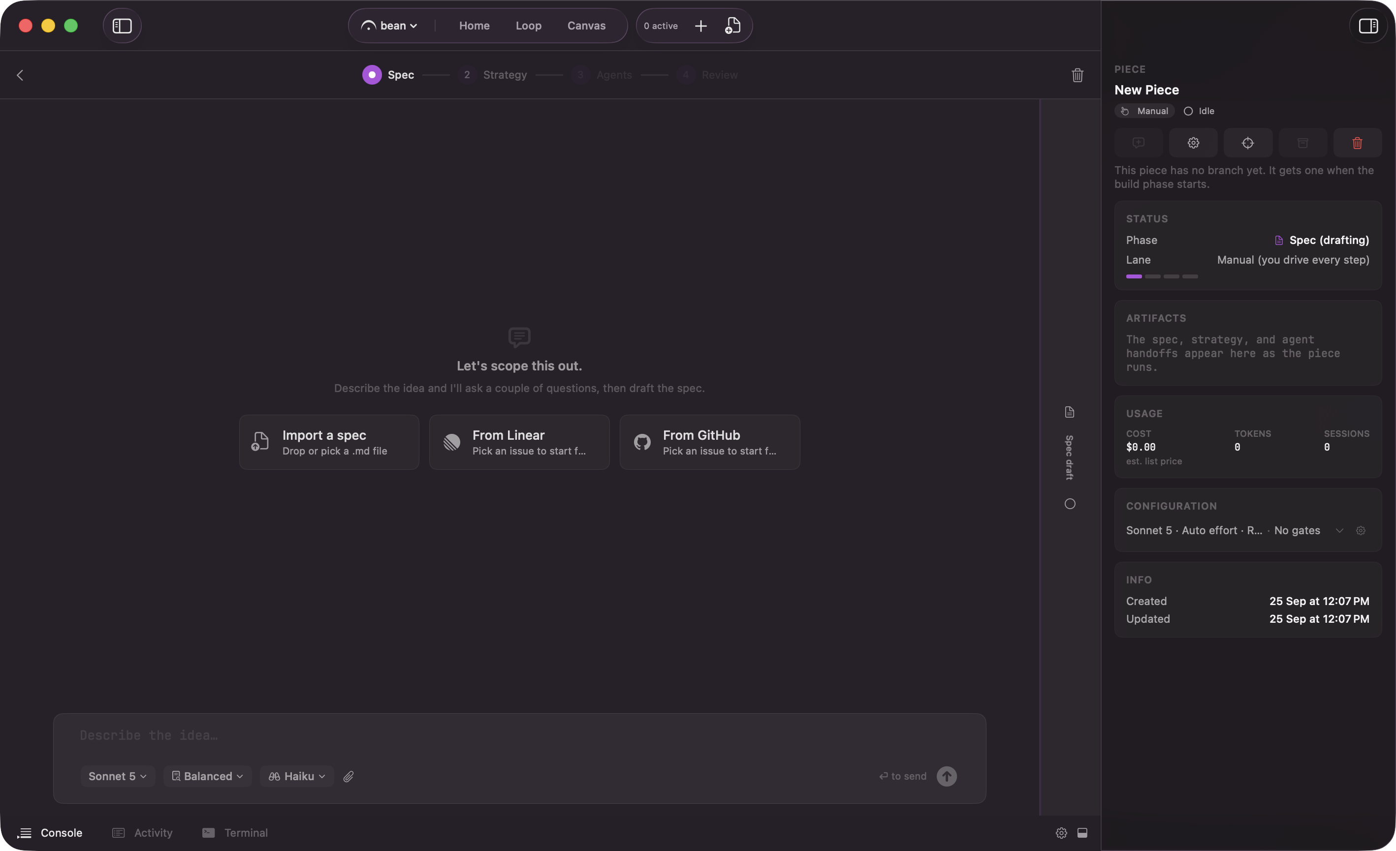 The empty spec screen with three tiles side by side: Import a spec, From Linear, and From GitHub