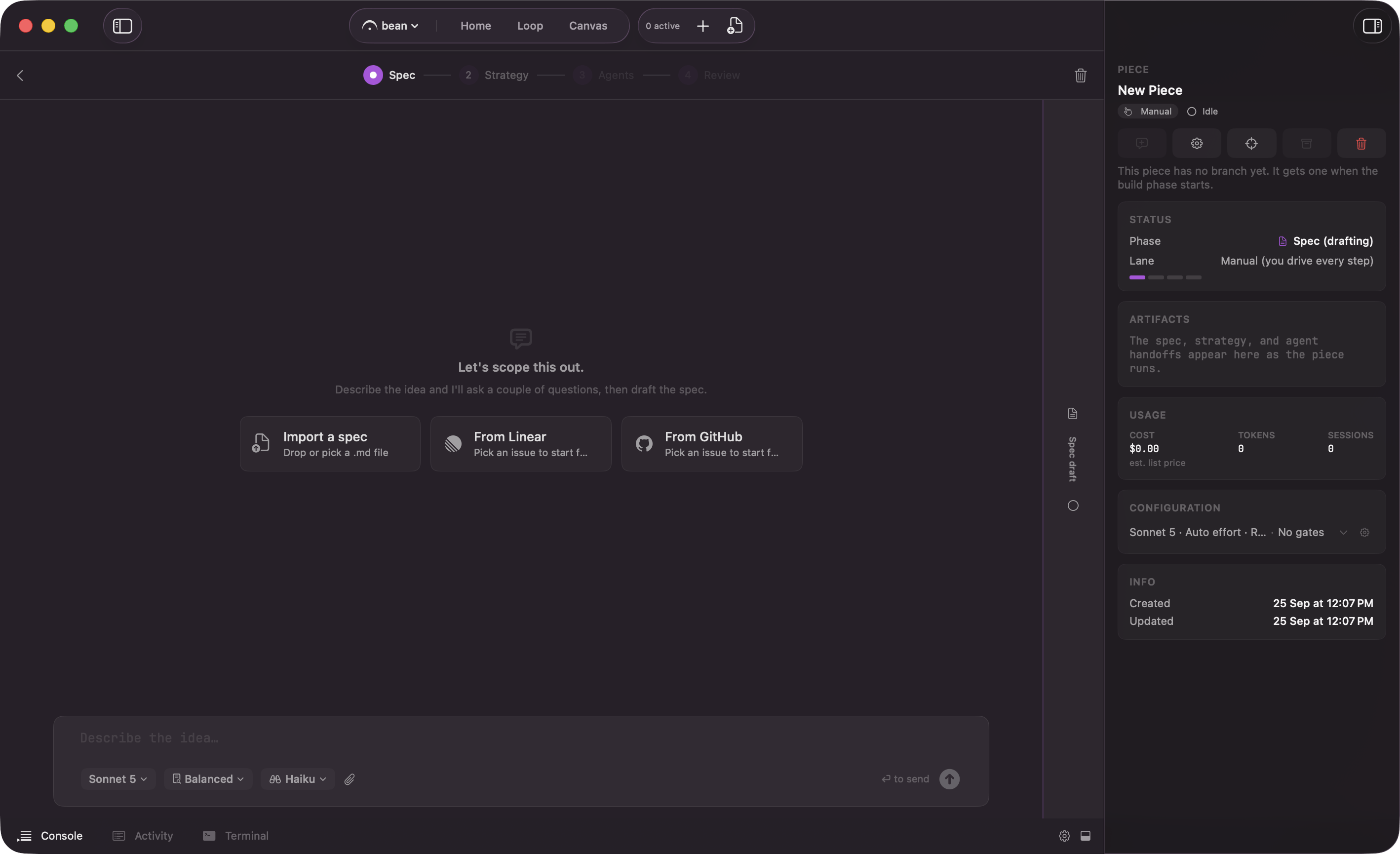 The empty spec screen with three tiles side by side: Import a spec, From Linear, and From GitHub