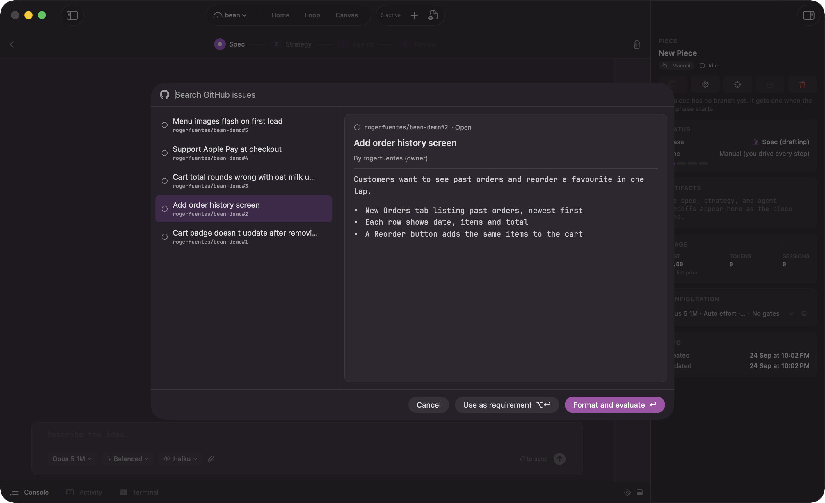 The issue picker: a search field on top, a list of open issues on the left with one row carrying a Blocked by 2 badge, and the selected issue's cleaned preview on the right above the Use as requirement and Format and evaluate buttons