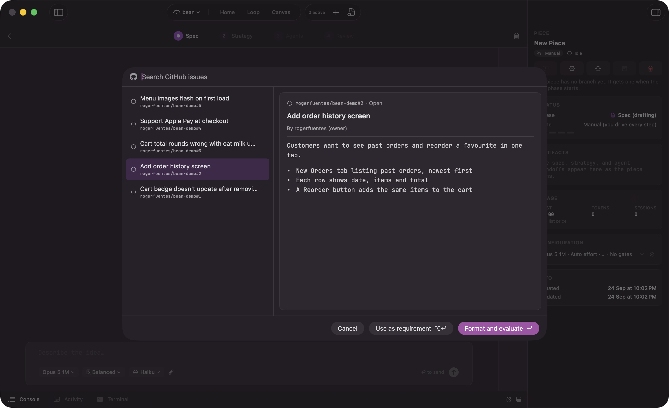 The issue picker: a search field on top, a list of open issues on the left with one row carrying a Blocked by 2 badge, and the selected issue's cleaned preview on the right above the Use as requirement and Format and evaluate buttons