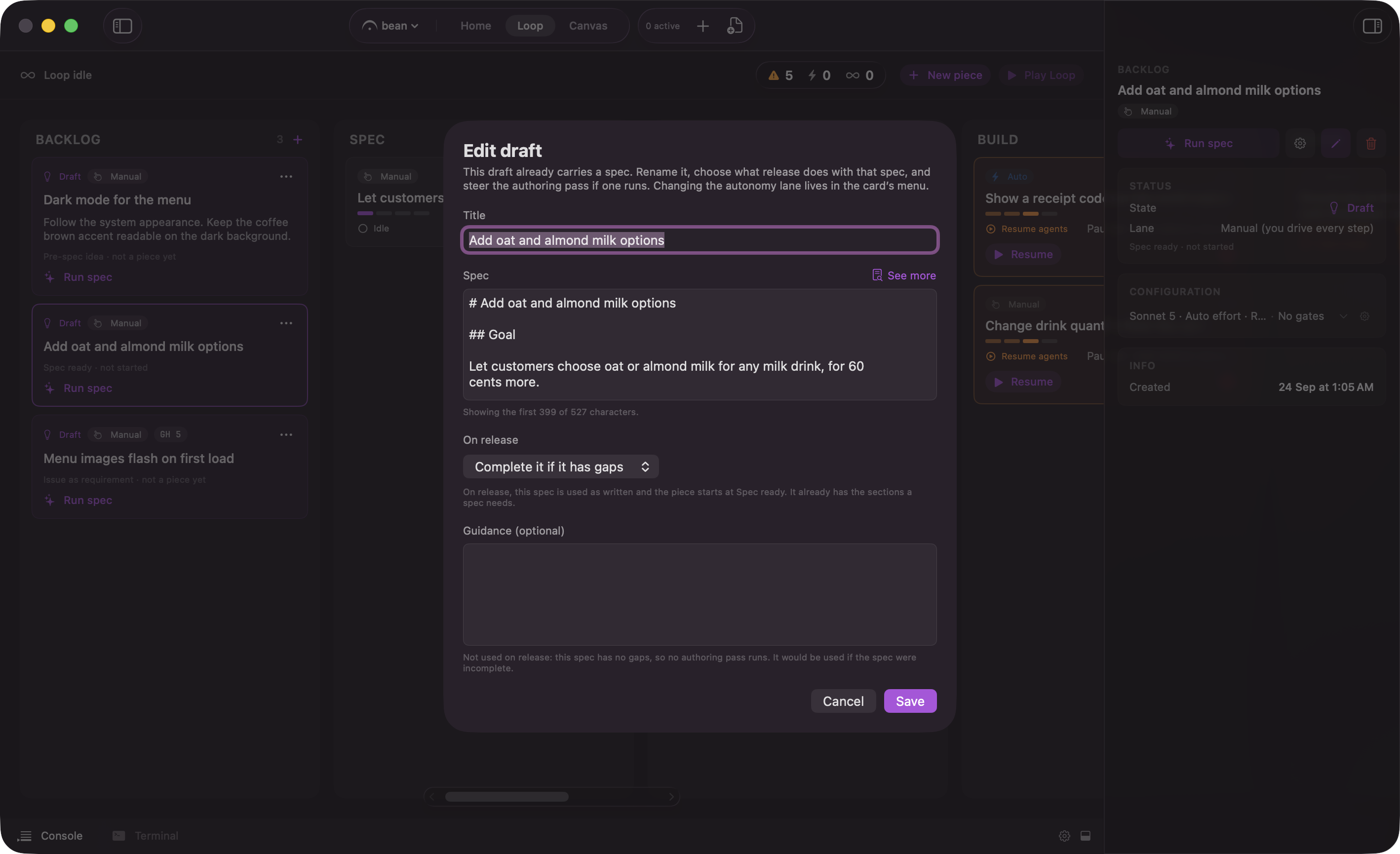 The draft edit sheet for a spec-carrying draft: a scrollable spec preview with See more, the On release menu, its caption, and the Guidance text box below