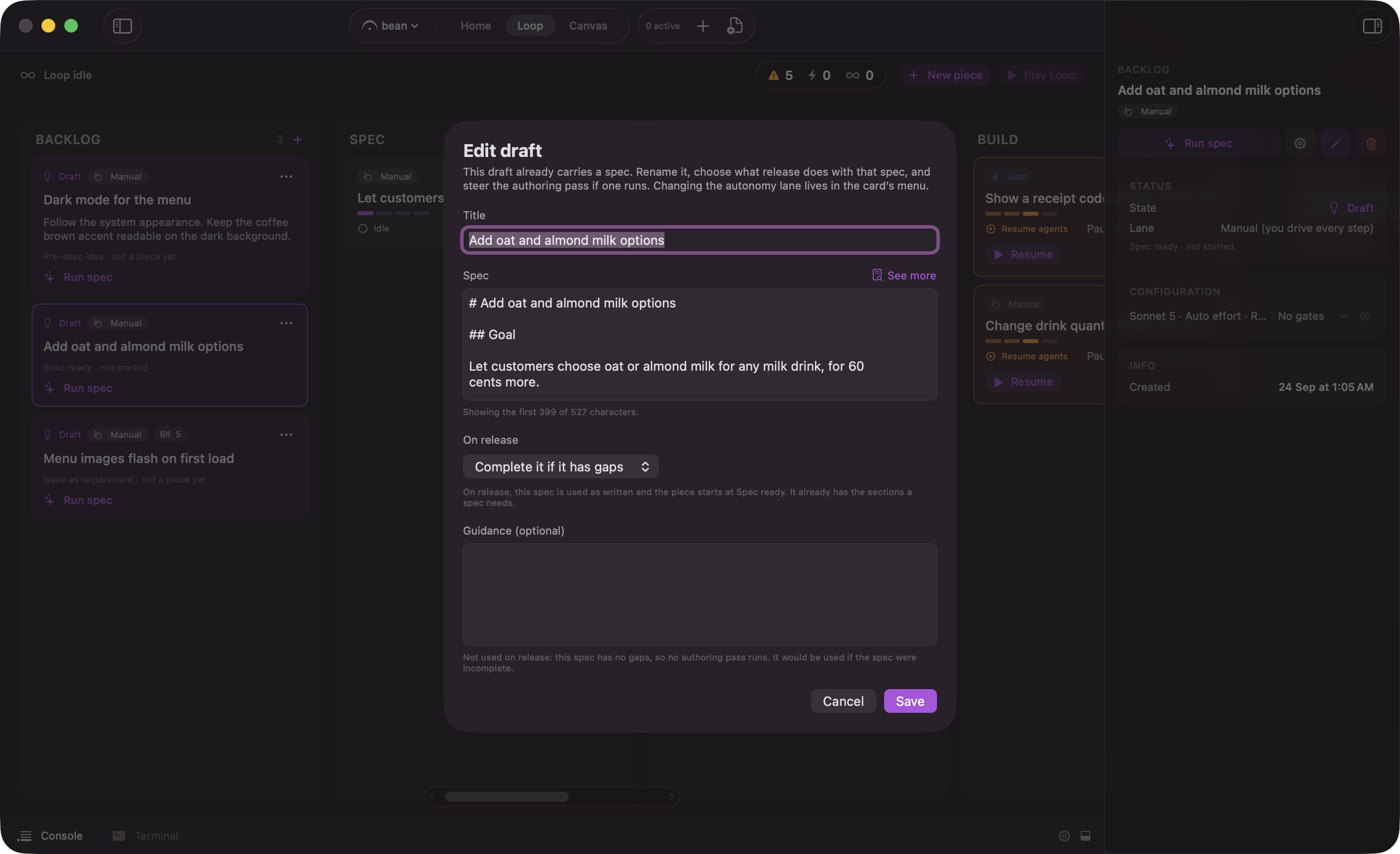 The draft edit sheet for a spec-carrying draft: a scrollable spec preview with See more, the On release menu, its caption, and the Guidance text box below