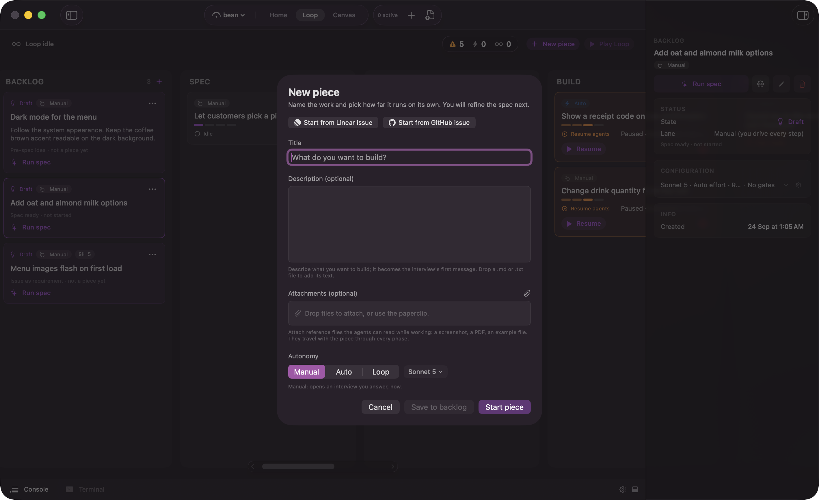 The New Piece sheet with Start from Linear issue and Start from GitHub issue buttons above the title field