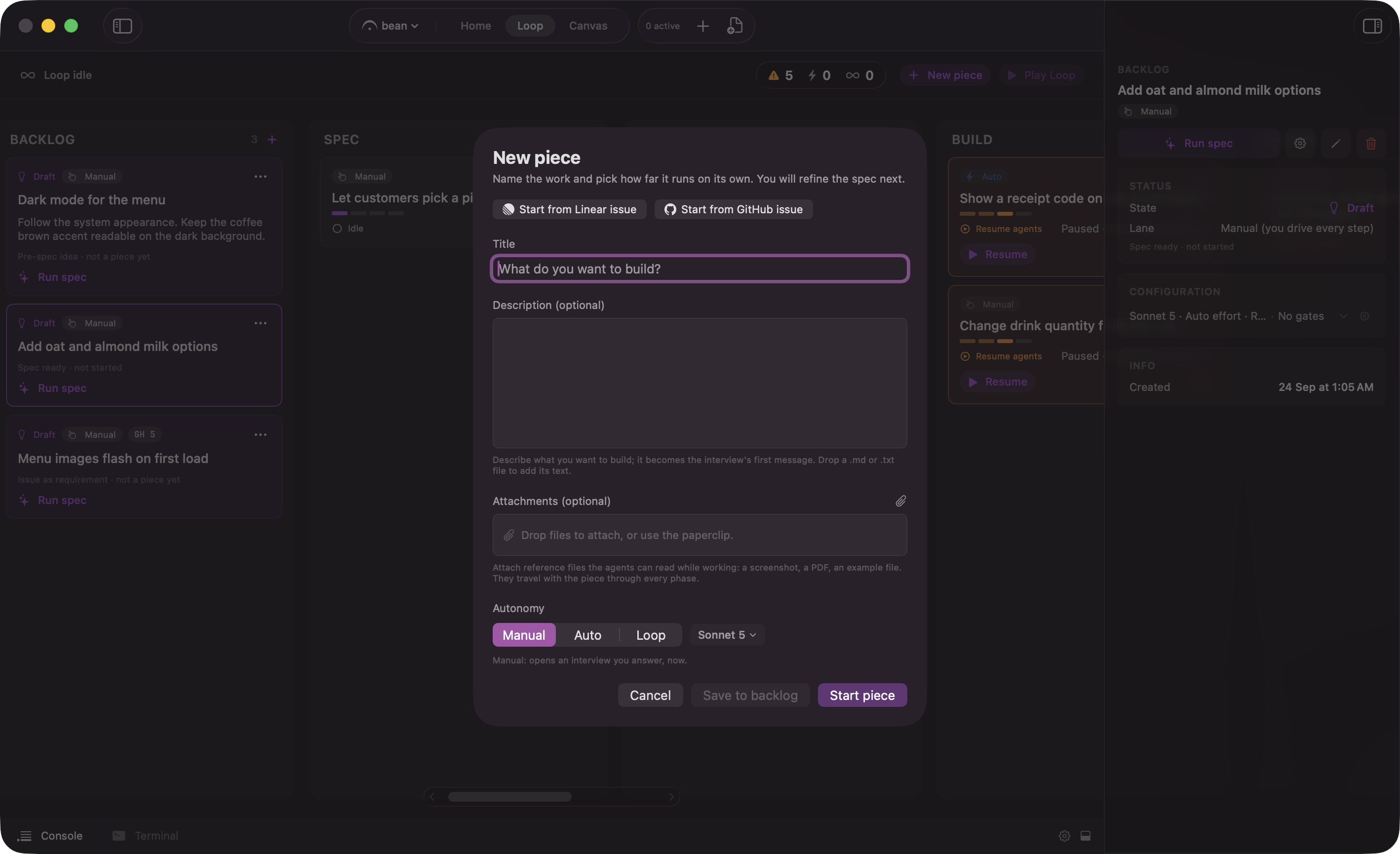 The New Piece sheet with Start from Linear issue and Start from GitHub issue buttons above the title field