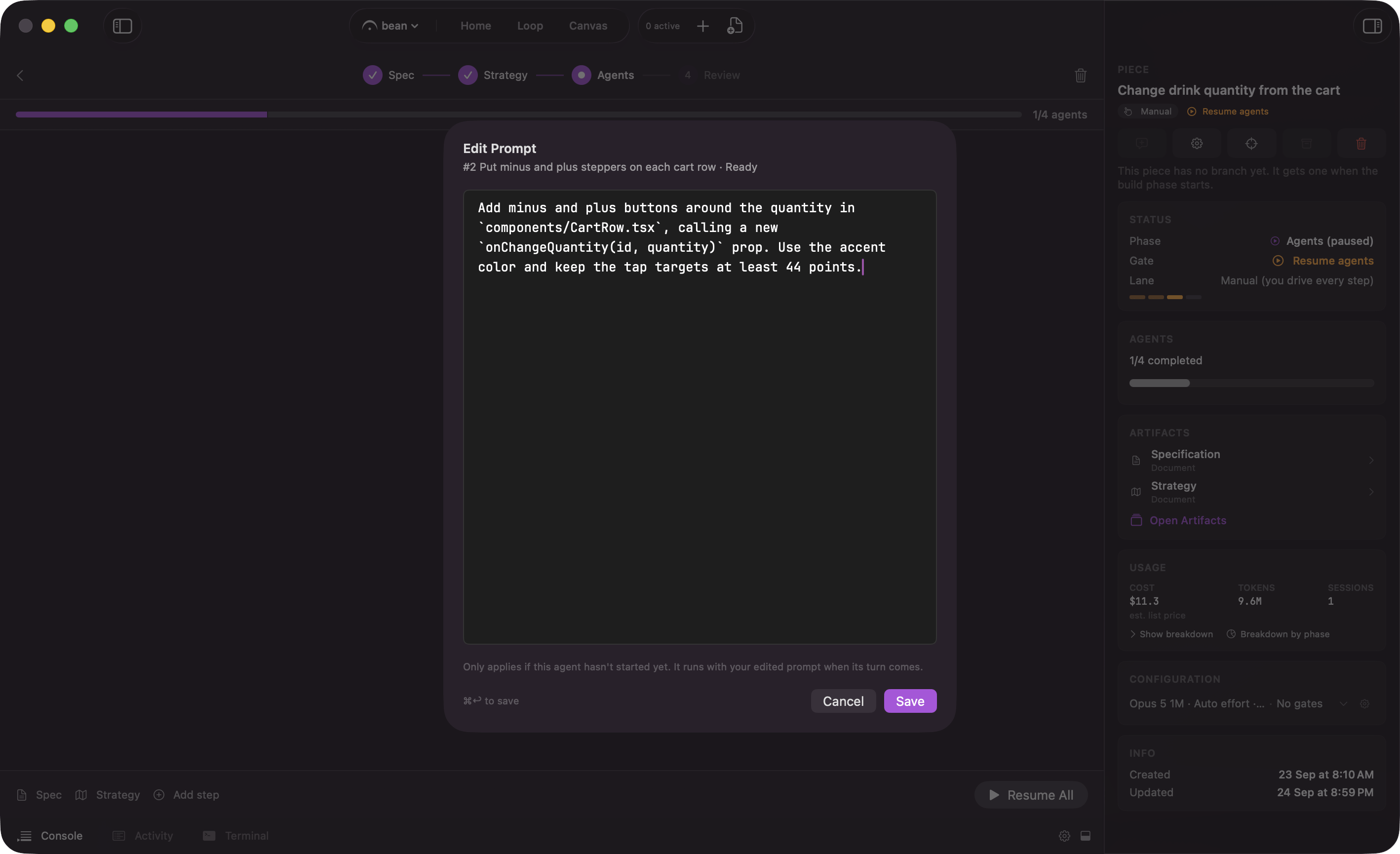 The Edit Prompt sheet for a queued agent: the prefilled description in a text editor, a note that the edit only applies before the agent starts, and Cancel and Save buttons