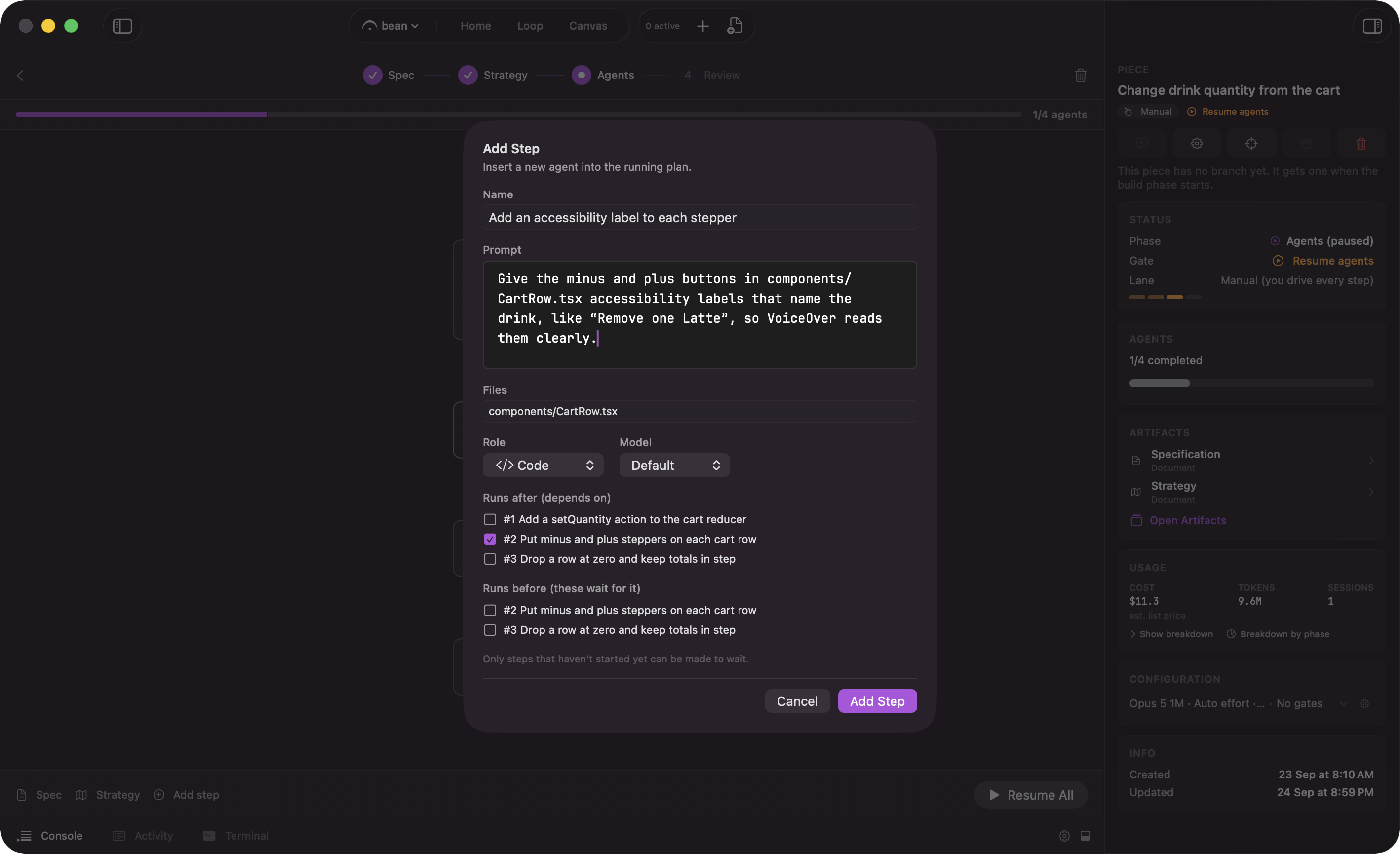 The Add Step sheet: Name, Prompt, Files, Role, and Model fields above the Runs after and Runs before dependency checklists, with the Add Step button