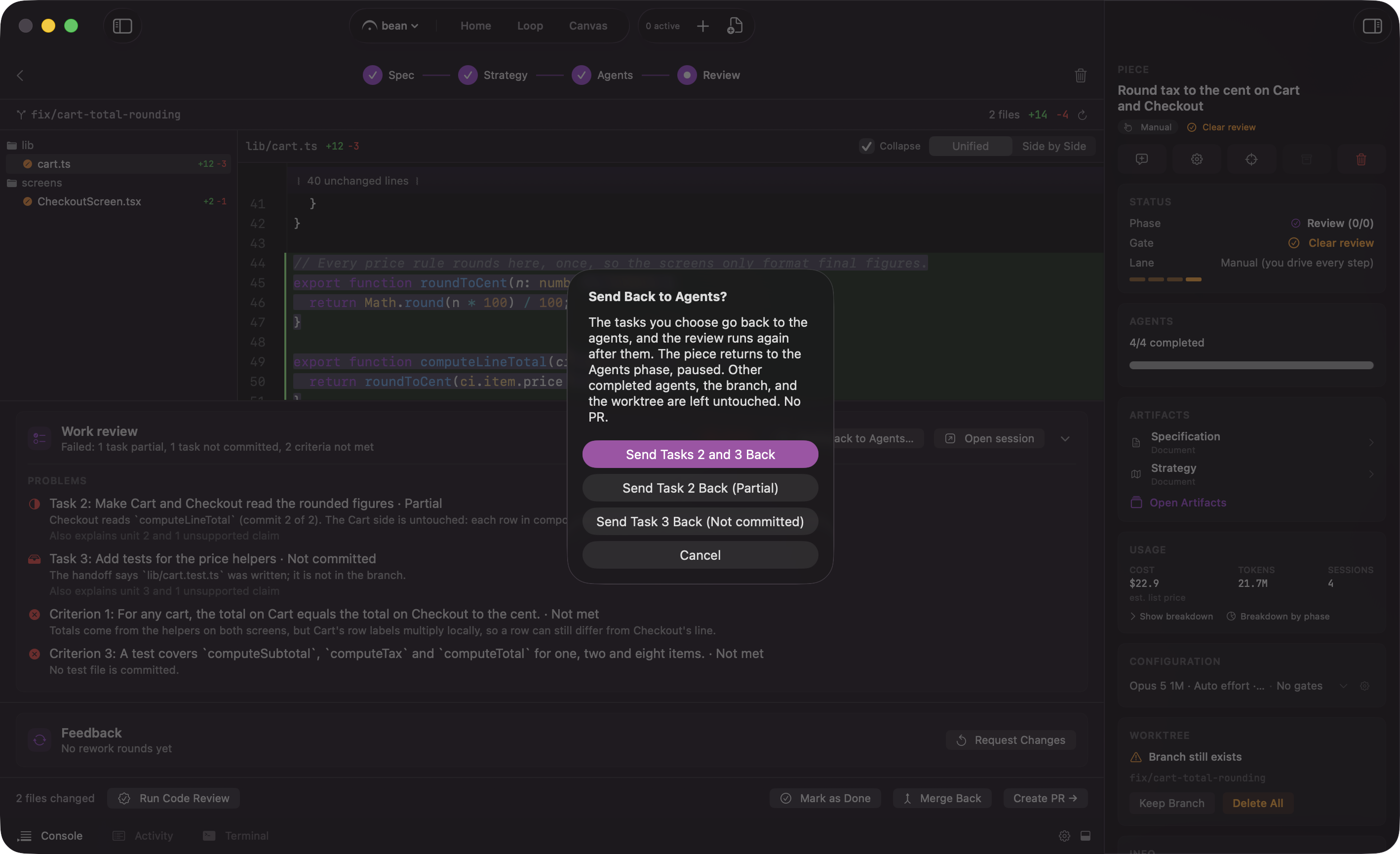 The Work Review card on a failed verdict, with the Send Back to Agents… button and its confirmation dialog listing the failed agents