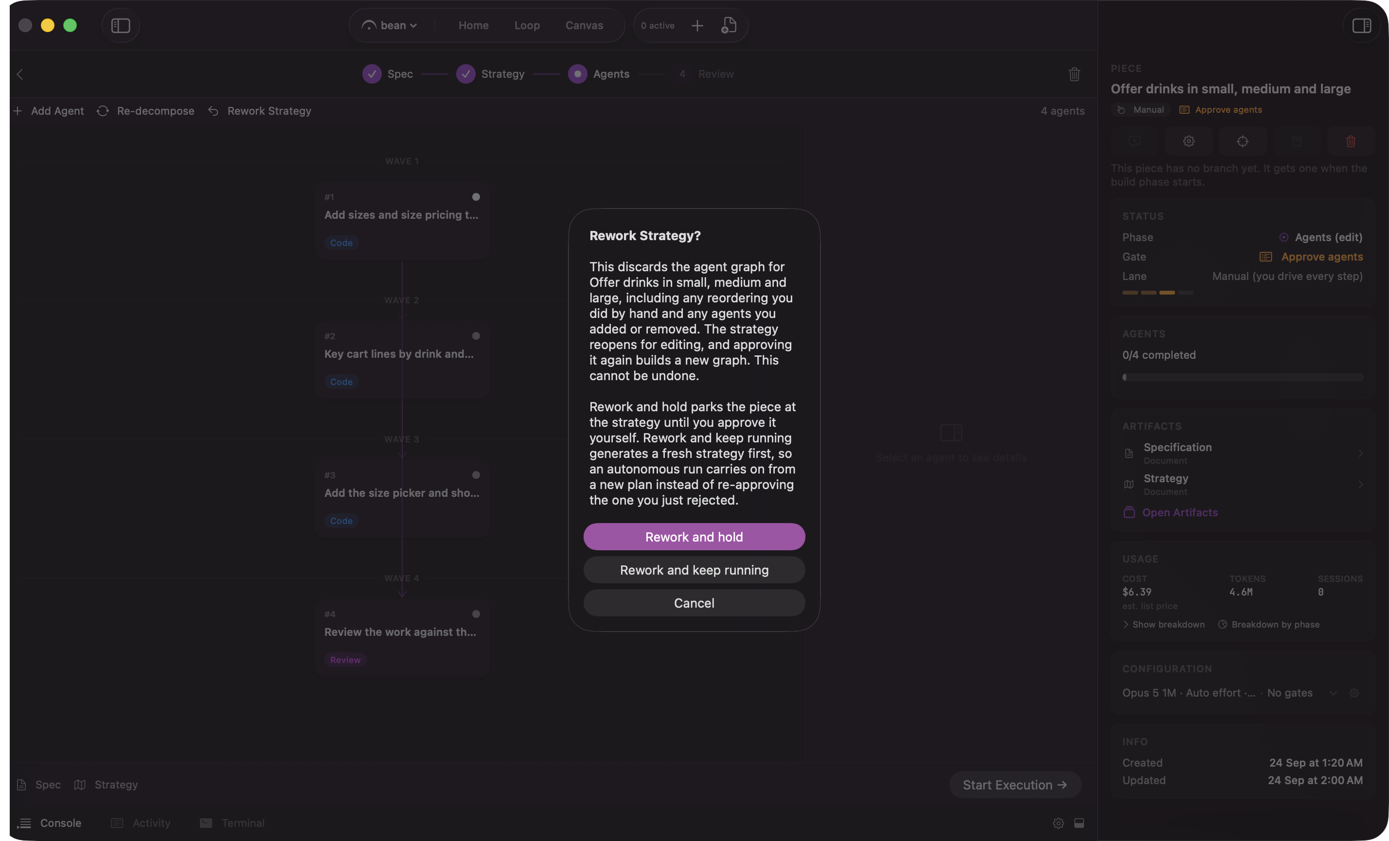 The Rework Spec confirmation naming the strategy and notes that will be discarded, with the Rework and hold and Rework and keep running buttons